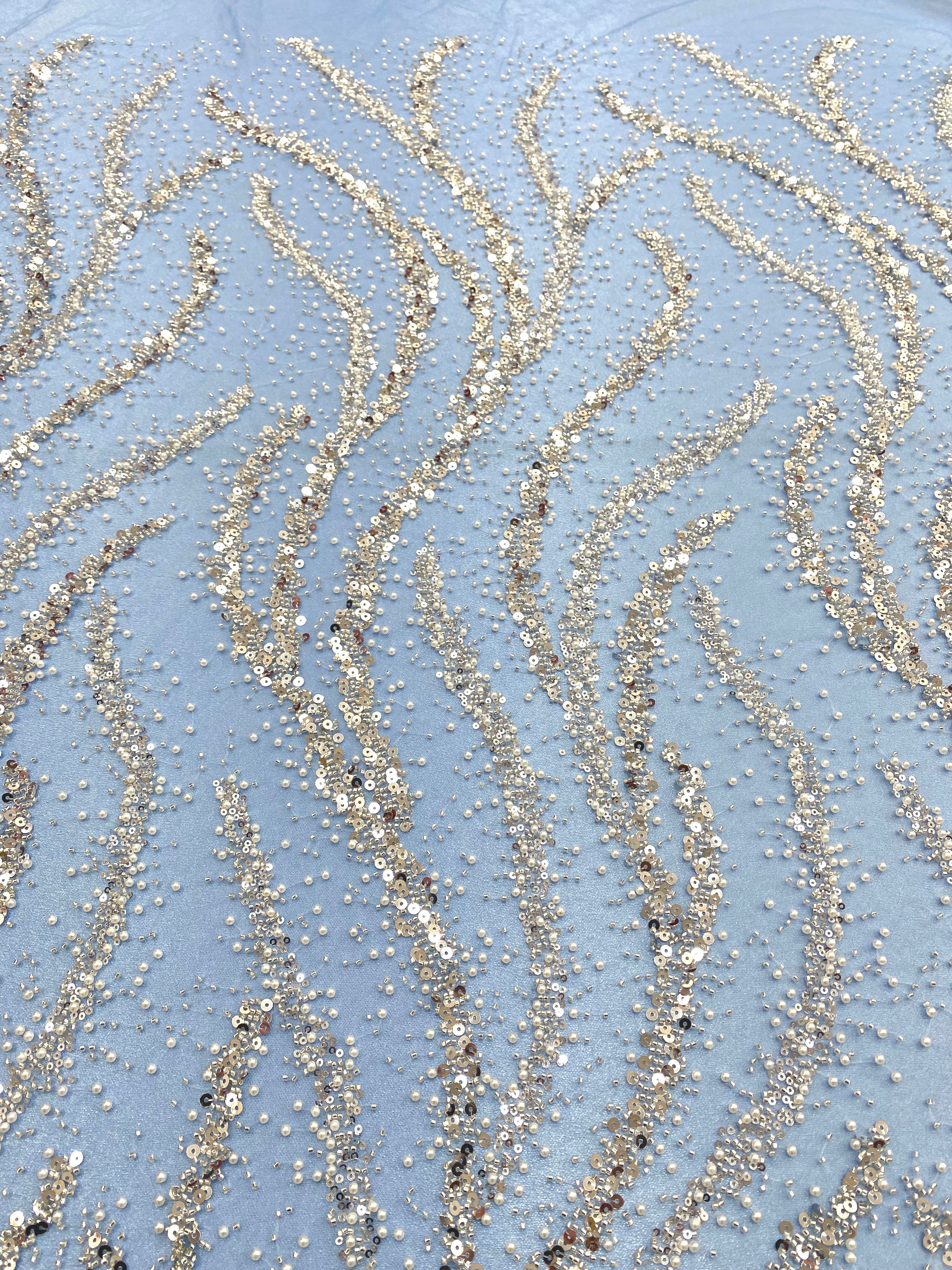 Silver Couture Lace on Blue Tulle with Pearls, Beads and Sequins 