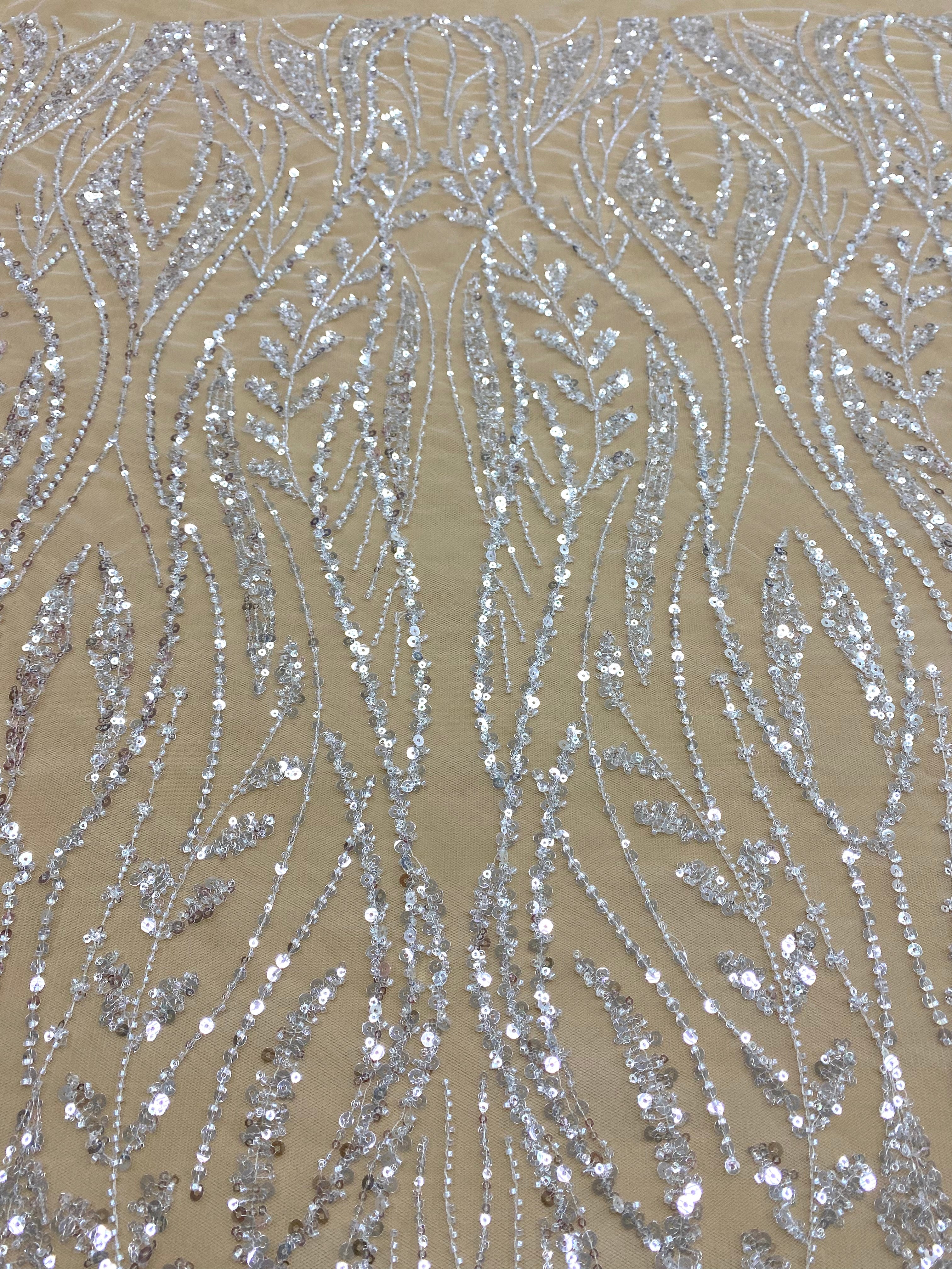 Silver Lace with Linear Pattern, with Pearls and Sequins