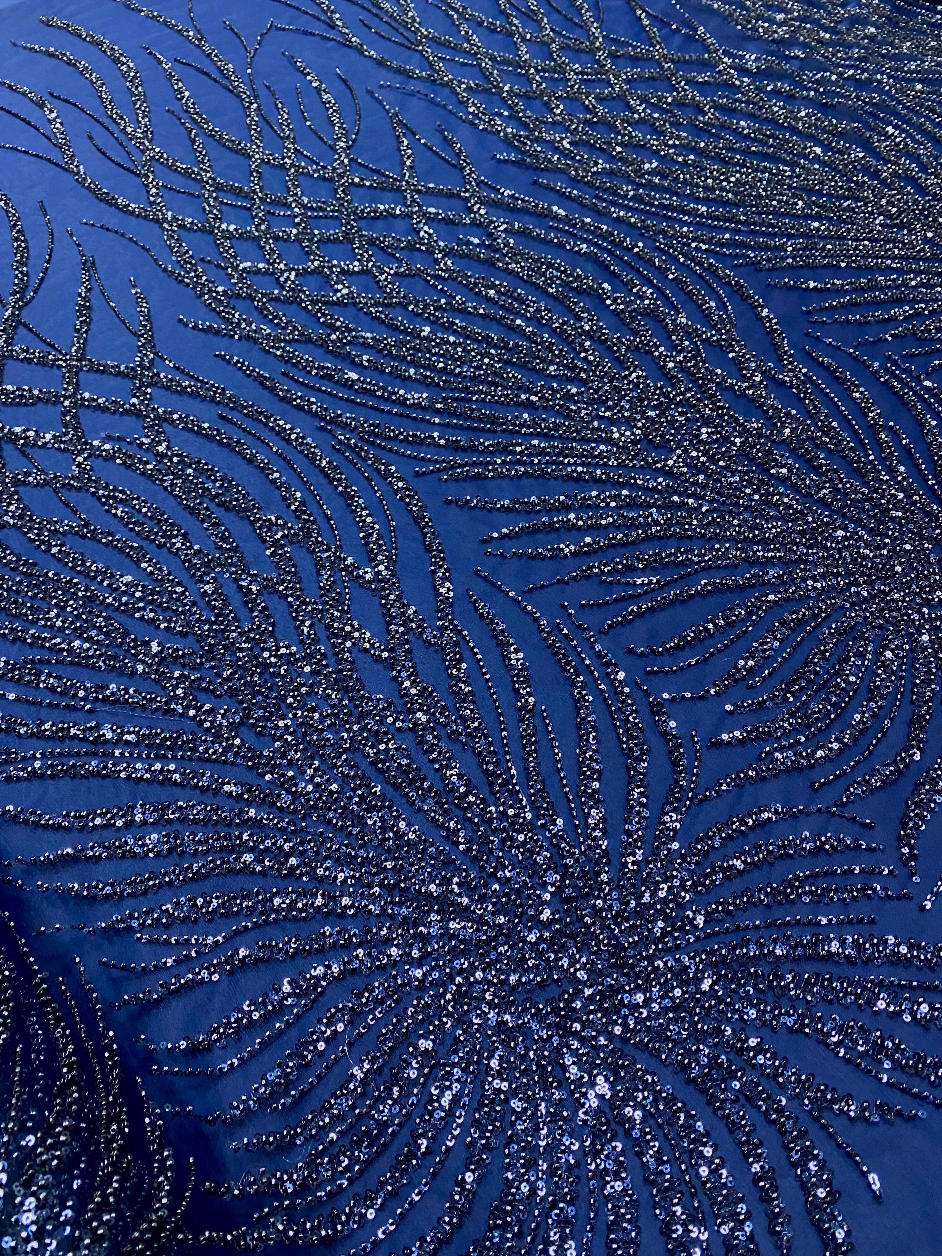 Dantela Couture Bleumarin cu Siraguri, cu Margele si Paiete
