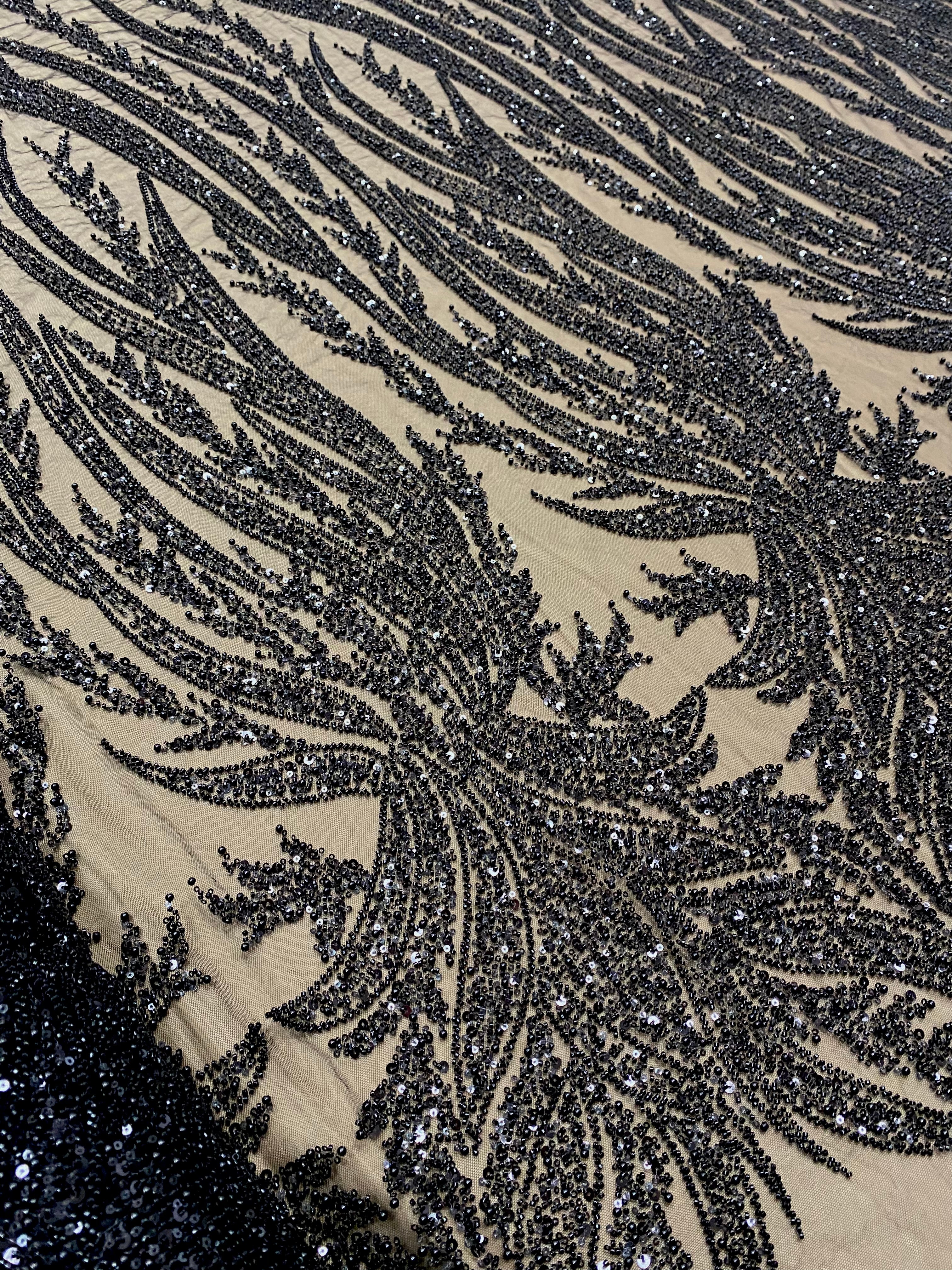 Silver Couture Lace on Blue Tulle, with Symmetrical Pattern, with Beads and Sequins 