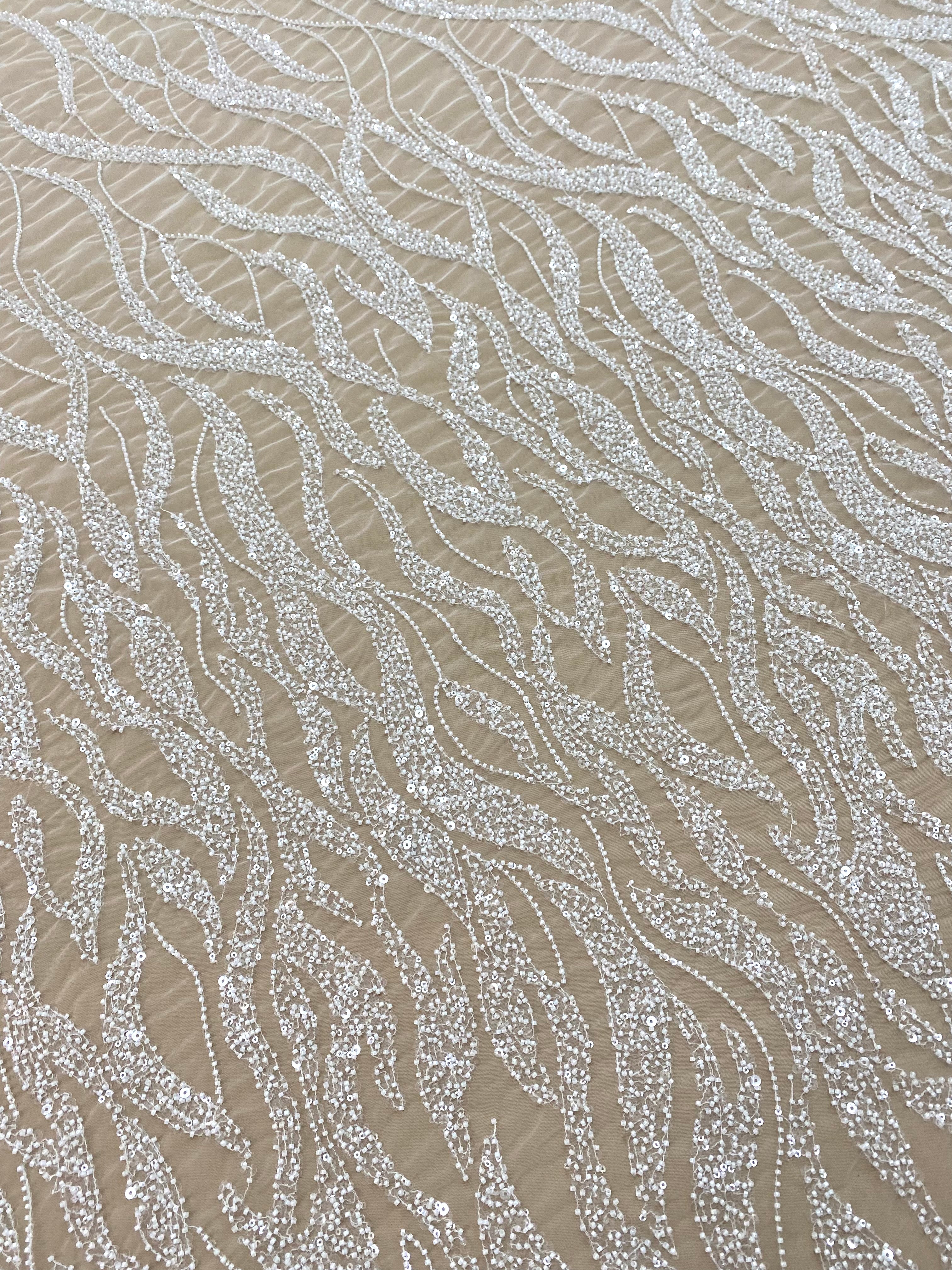Silver Lace with Nude Tulle with Linear Pattern, Beads and Sequins