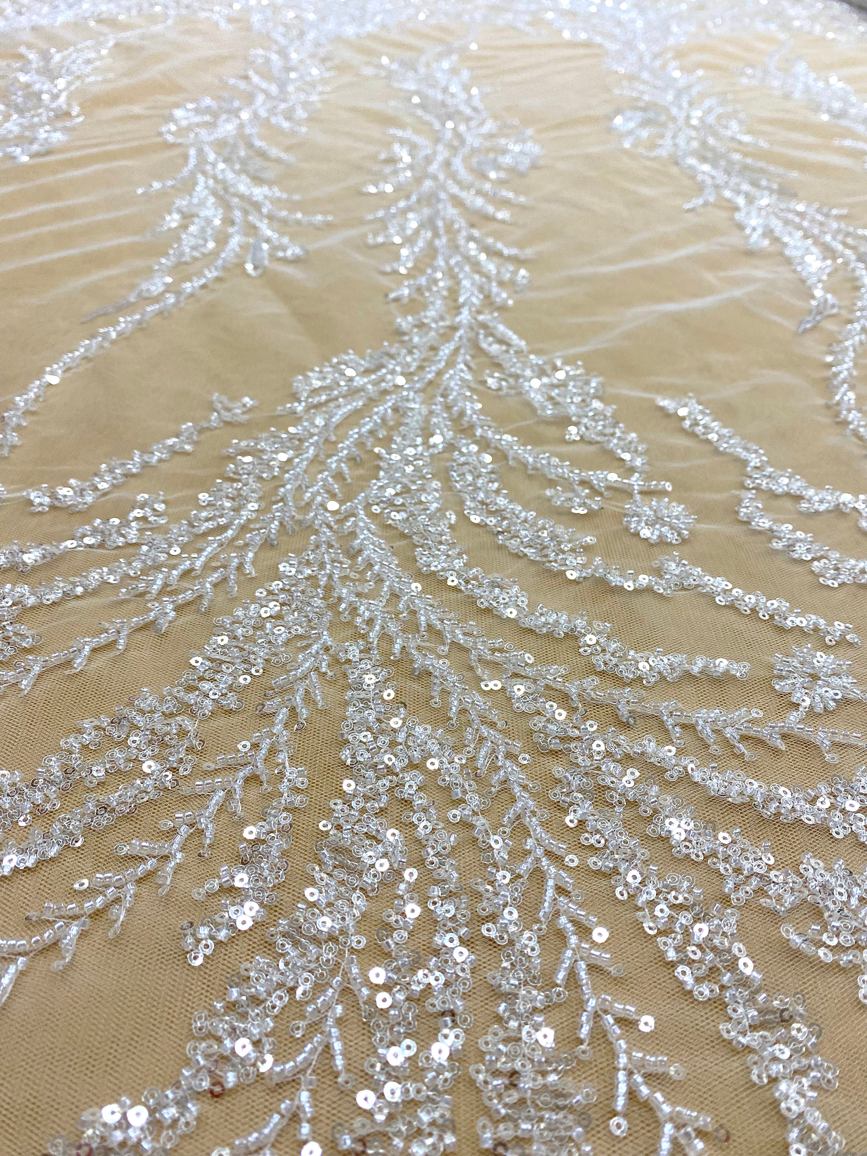 Silver Lace with Linear Pattern, with Pearls and Sequins