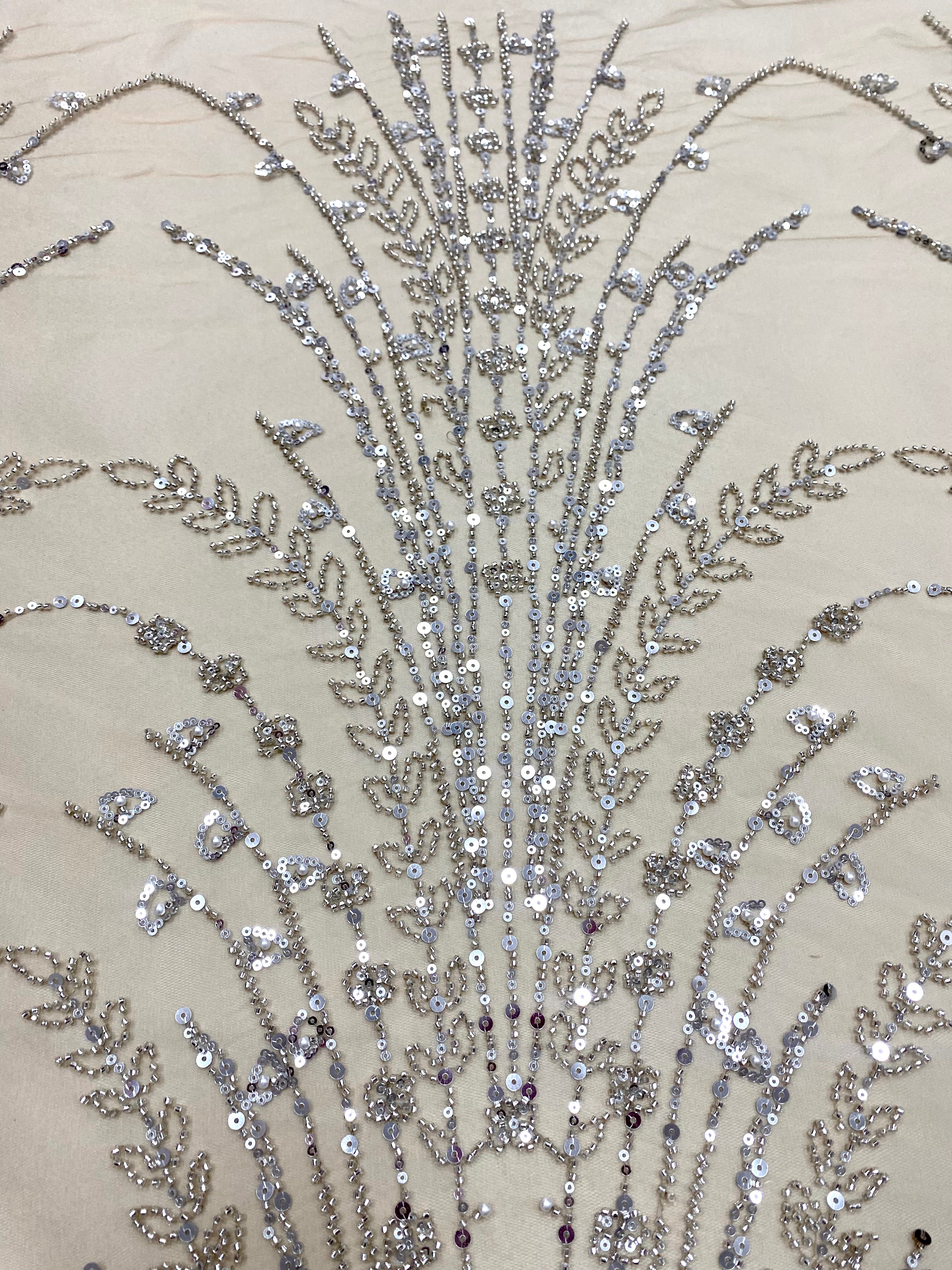 Silver Lace with Geometric Pattern, with Beads and Sequins