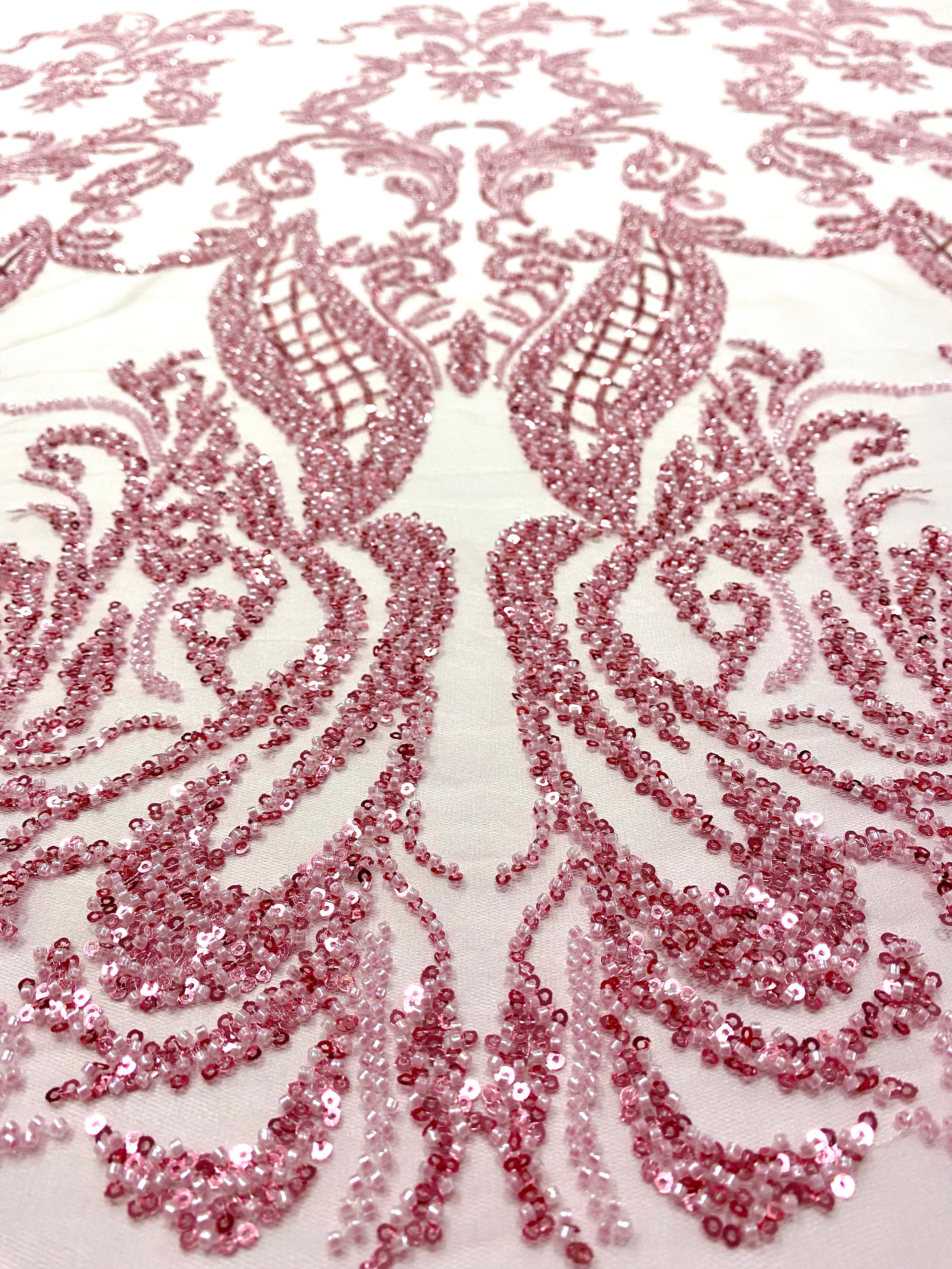 Pink Couture Lace with Geometric Pattern, with Beads and Sequins