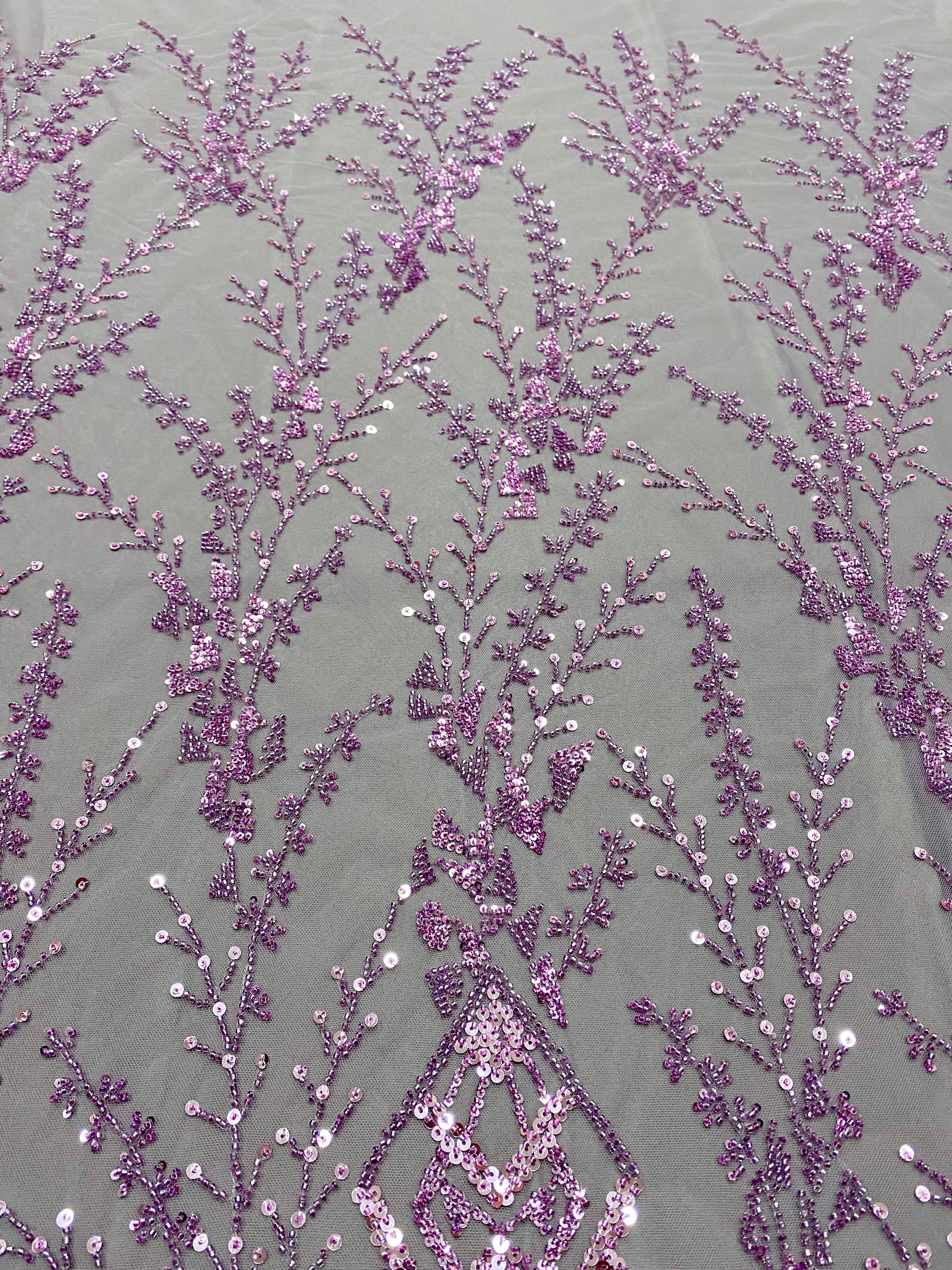 Dantela Couture Lavanda Pudrata cu Model Geometric, cu Margele si Paiete