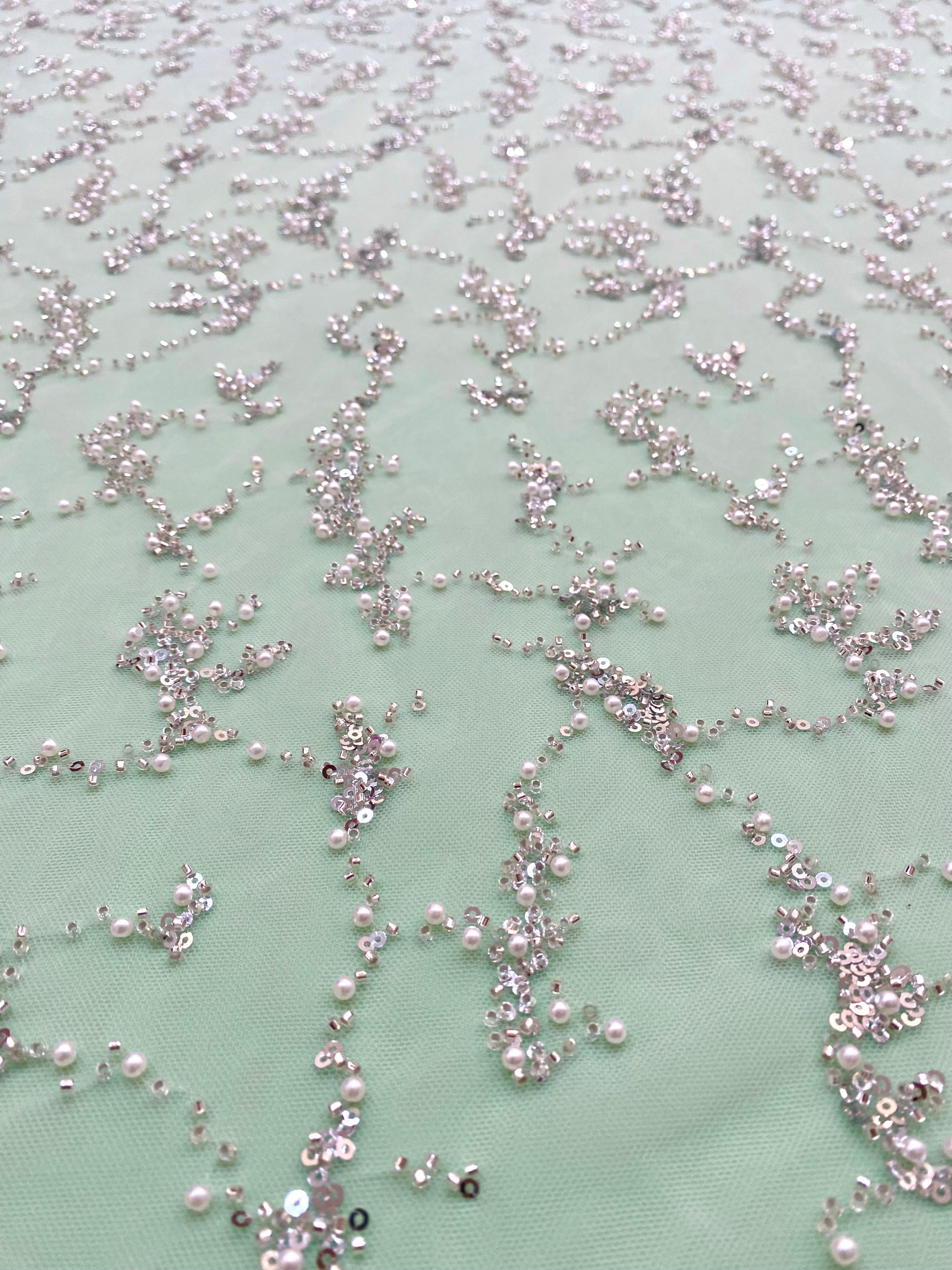 Silver Couture Lace on Mint Green Tulle with Pearls, Beads and Sequins