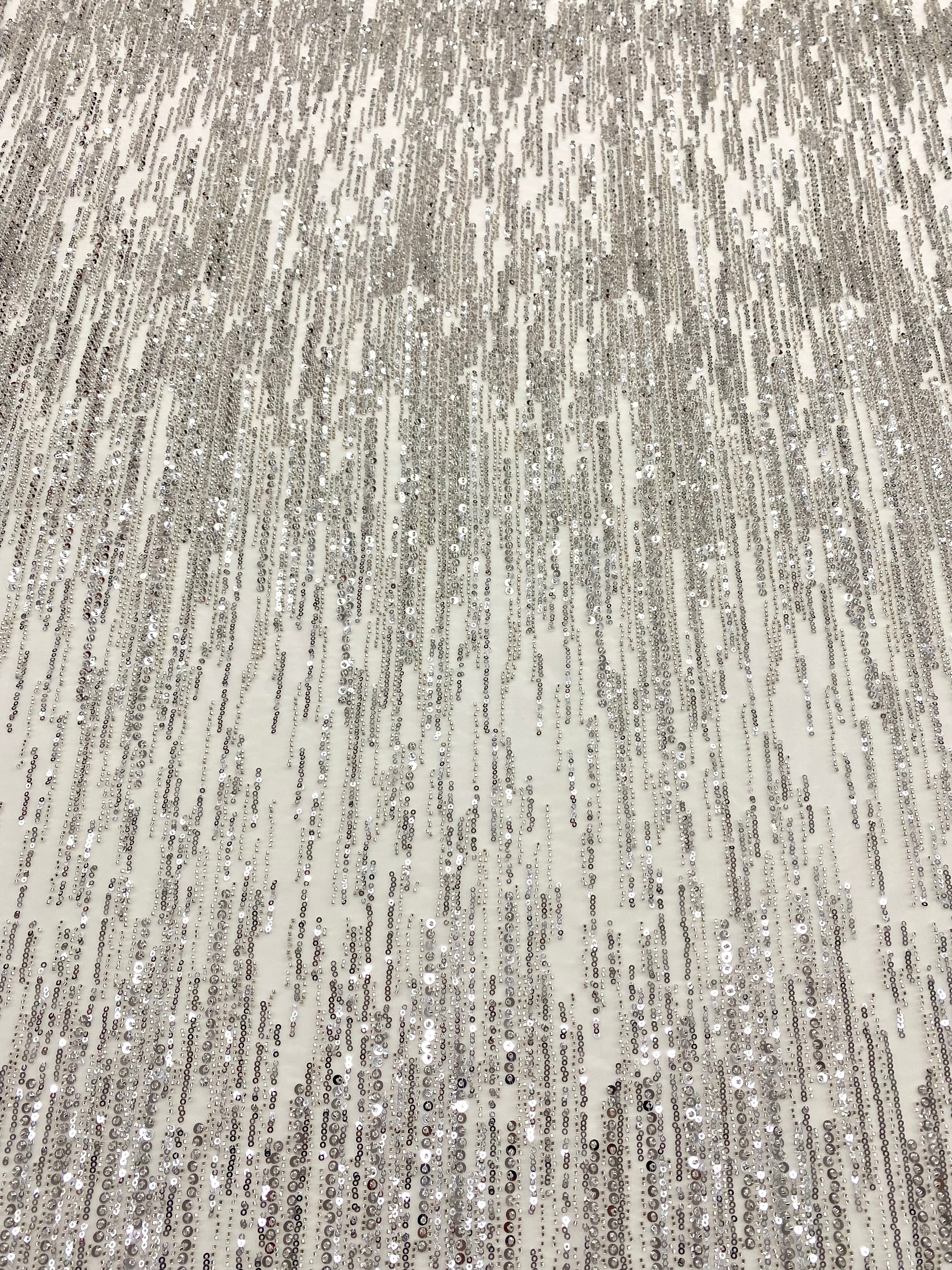 Silver Couture Lace on Ivory Tulle with Linear Pattern, with Beads and Sequins