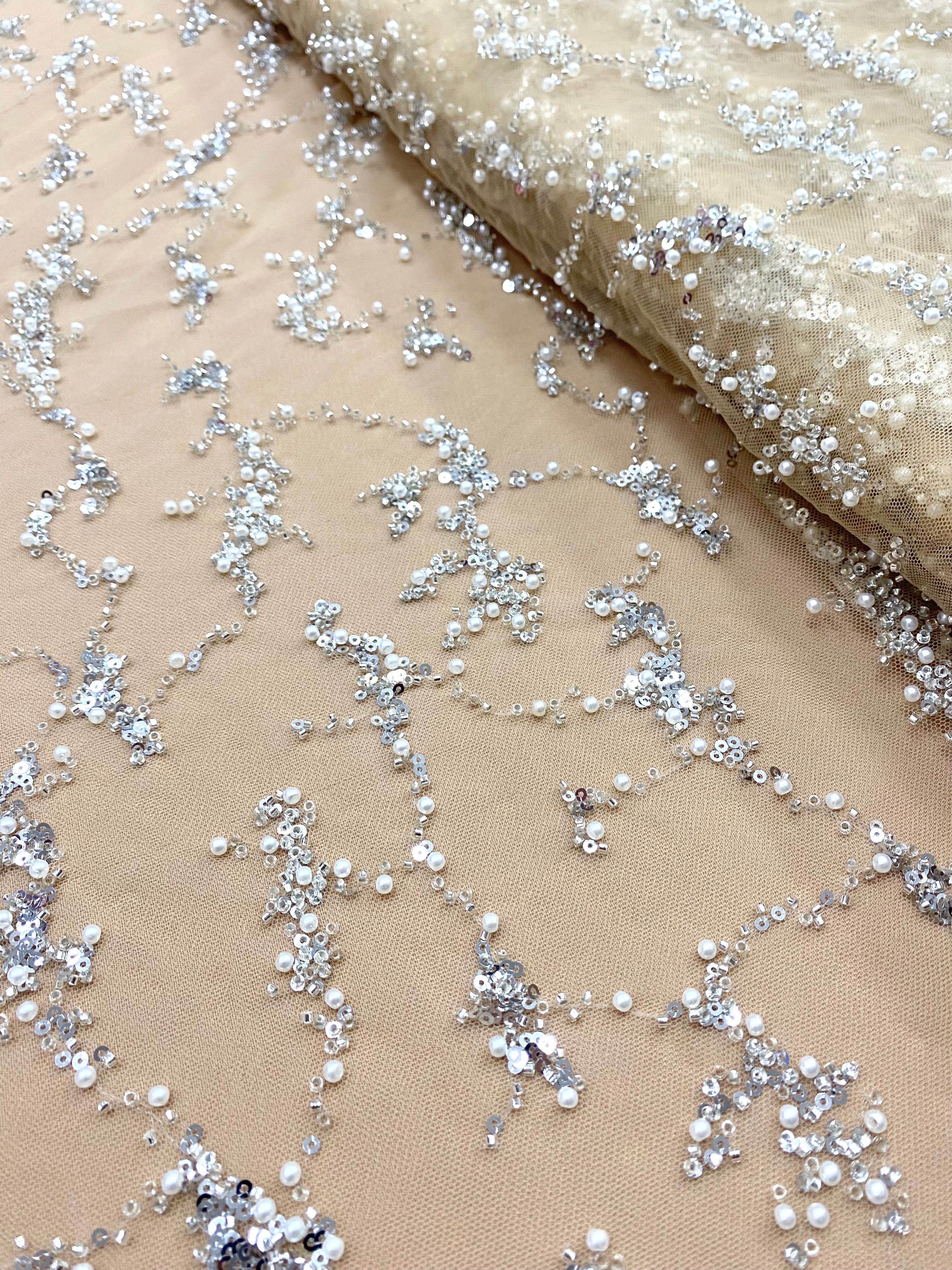 Silver Couture Lace on Nude Tulle, with Pearls, Beads and Sequins