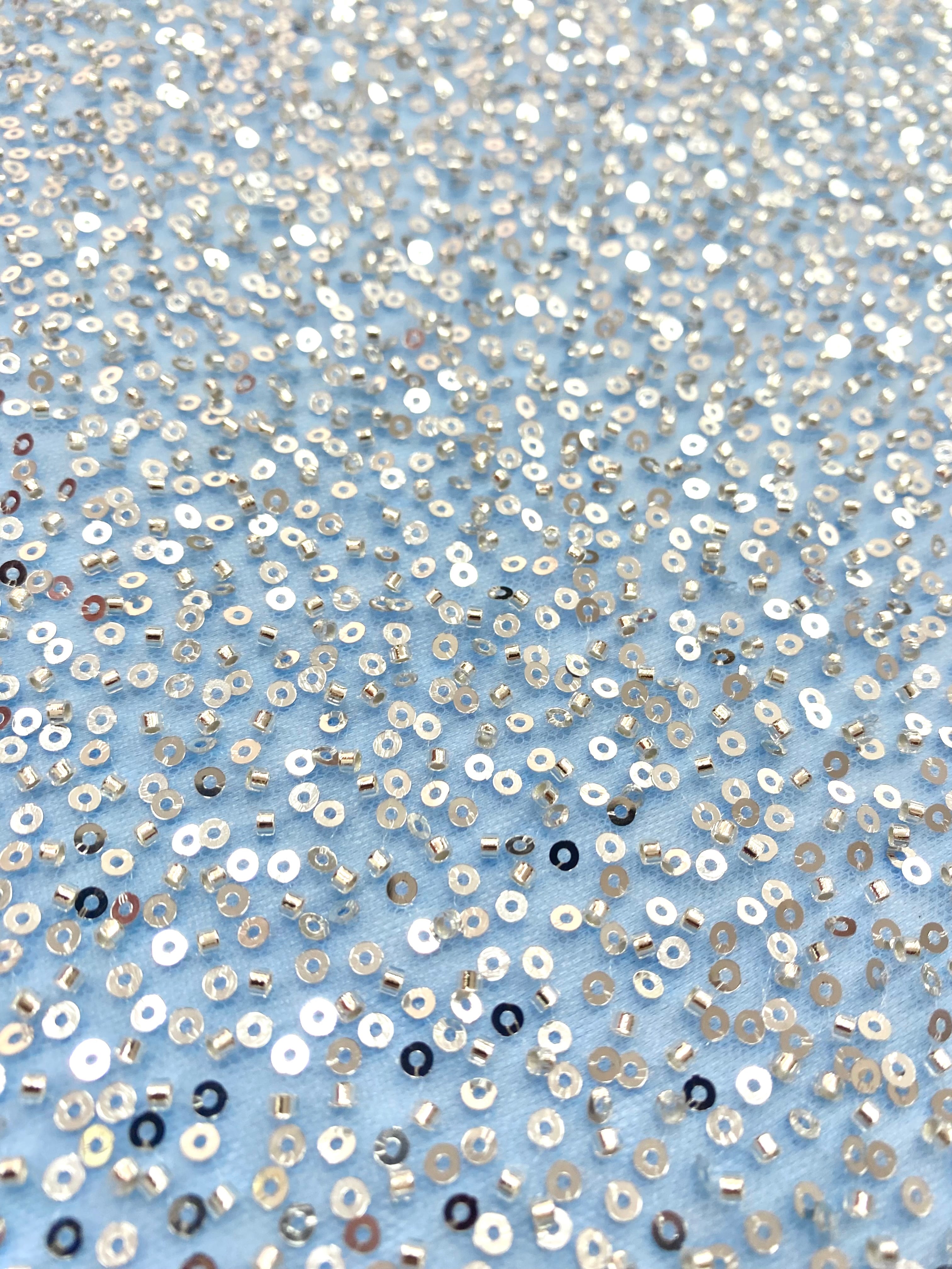 Silver Couture Lace on Blue Tulle, with Symmetrical Pattern, with Beads and Sequins 