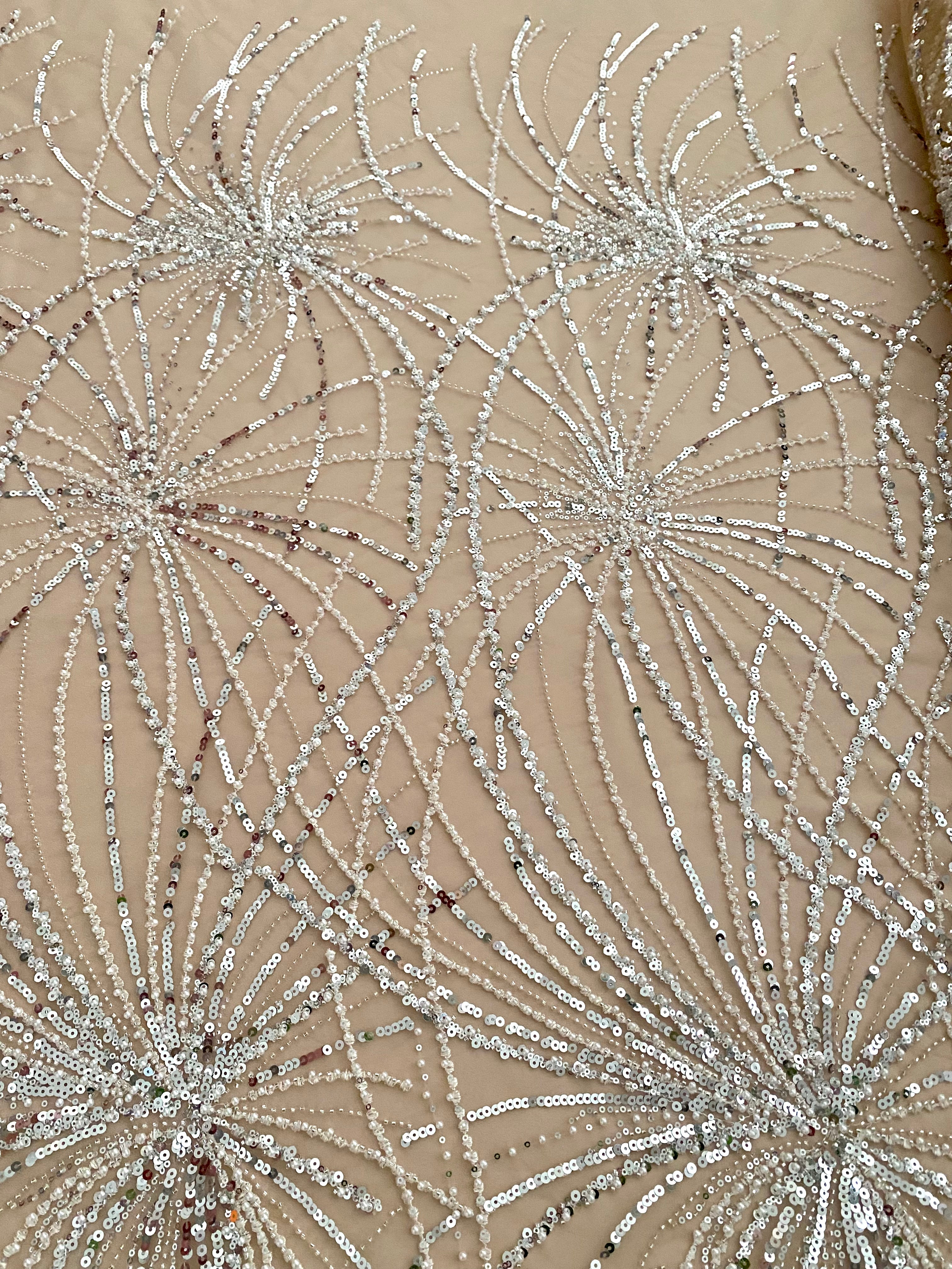 Silver Lace with Linear Pattern, with Pearls and Sequins