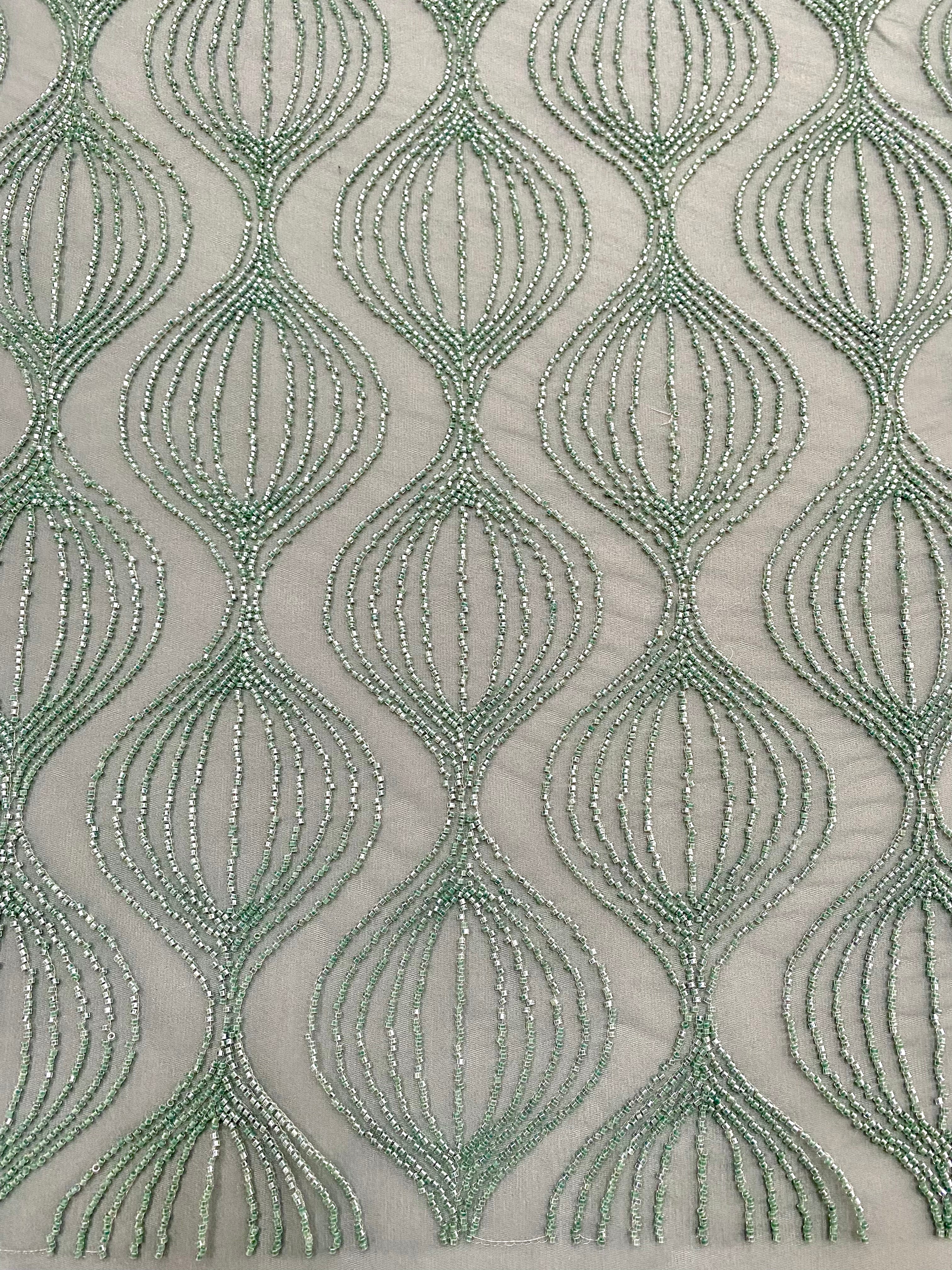 Dantela Couture Verde Ou de Rata cu Model Geometric, cu Margele