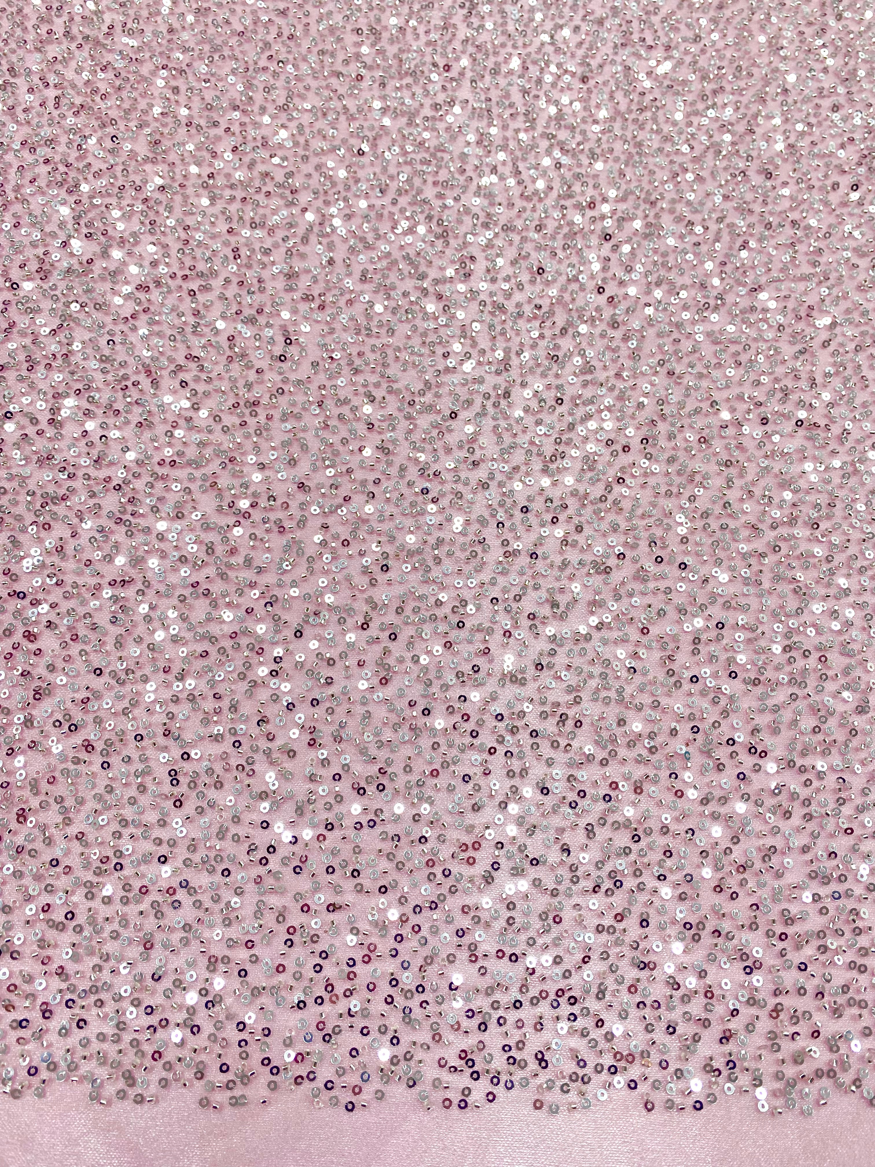Silver Couture Lace on Pink Tulle with General Pattern, with Beads and Sequins