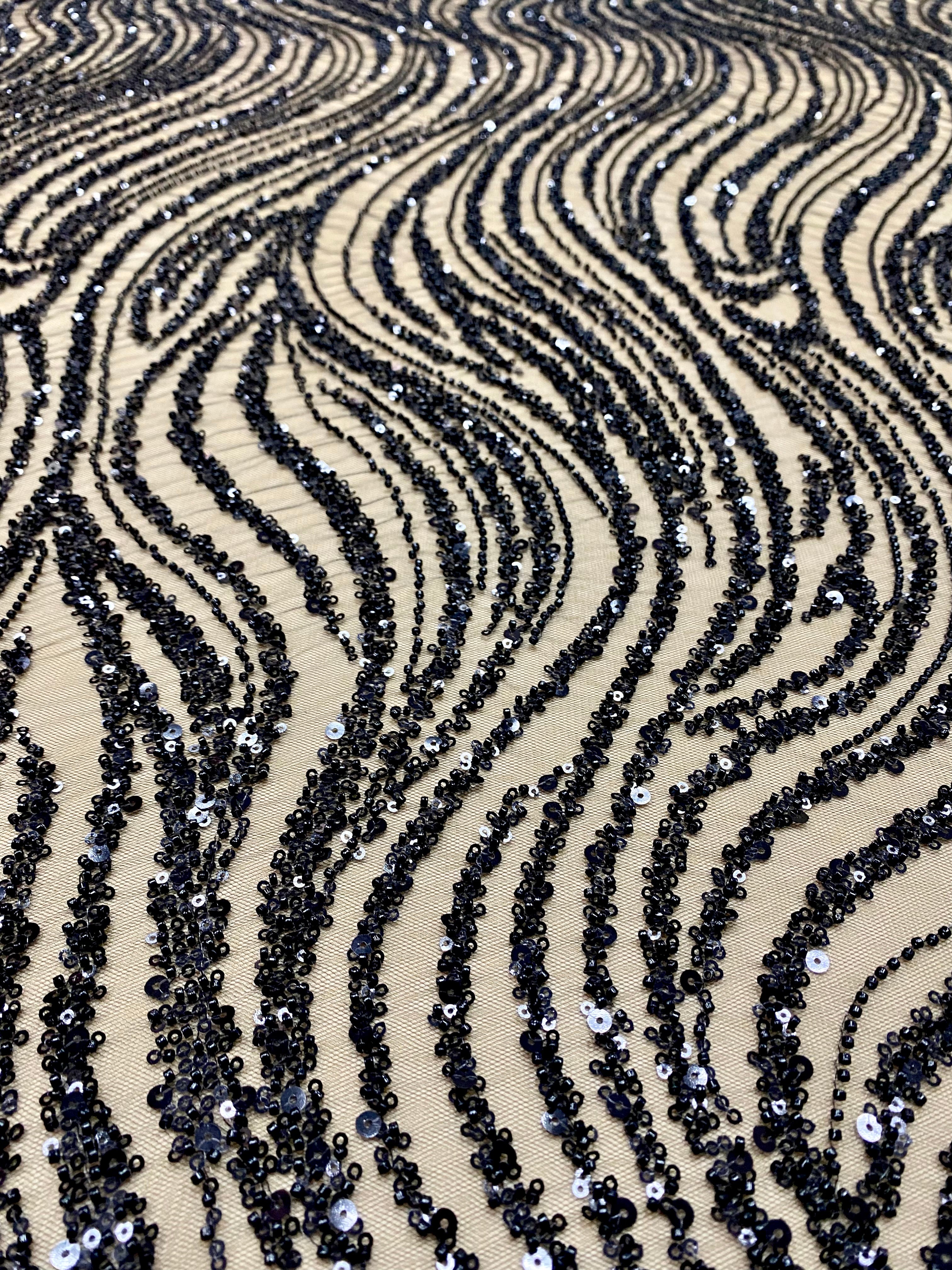 Silver Lace with Linear Pattern, with Pearls and Sequins