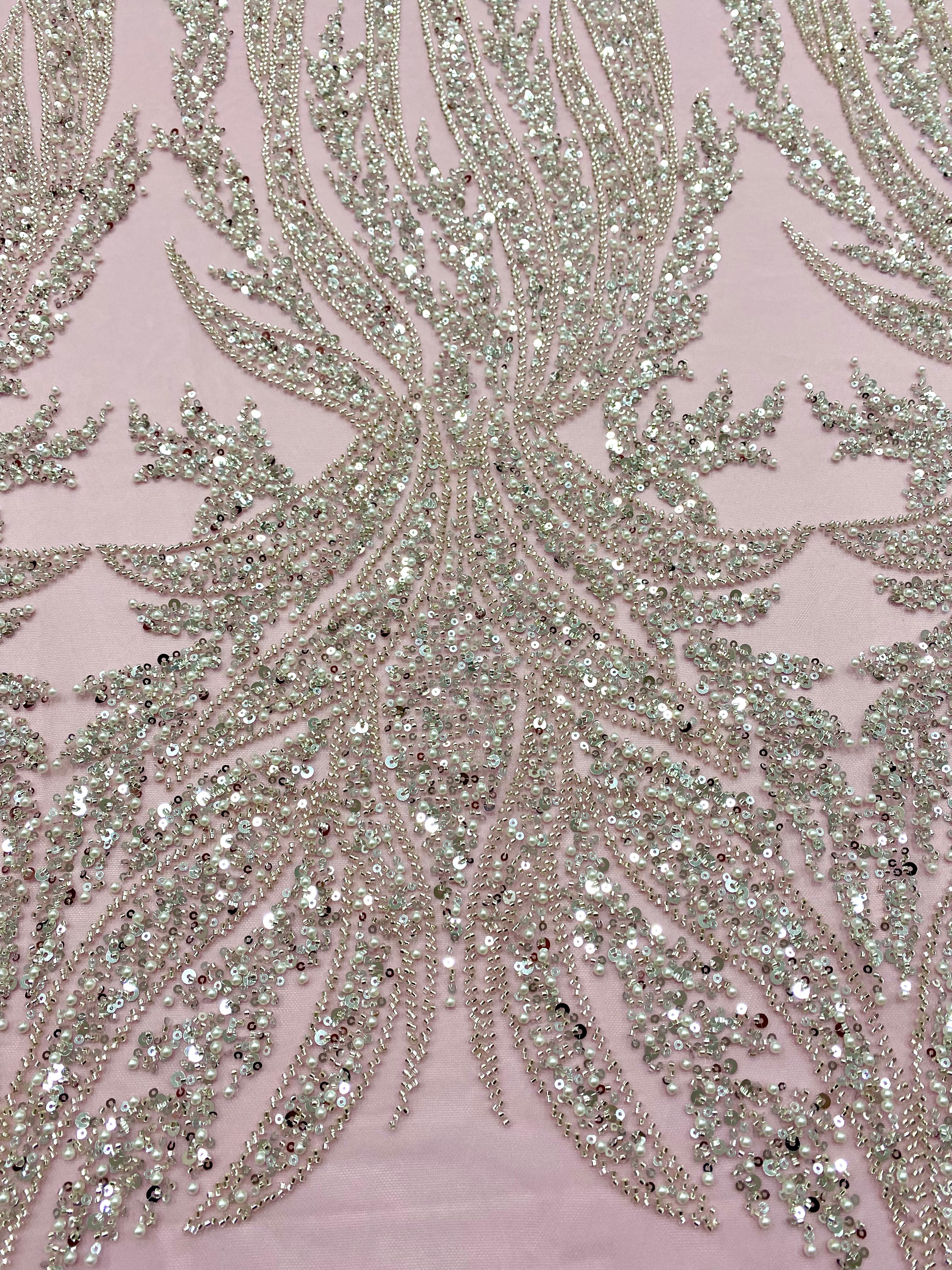 Silver Couture Lace on Blue Tulle, with Symmetrical Pattern, with Beads and Sequins 