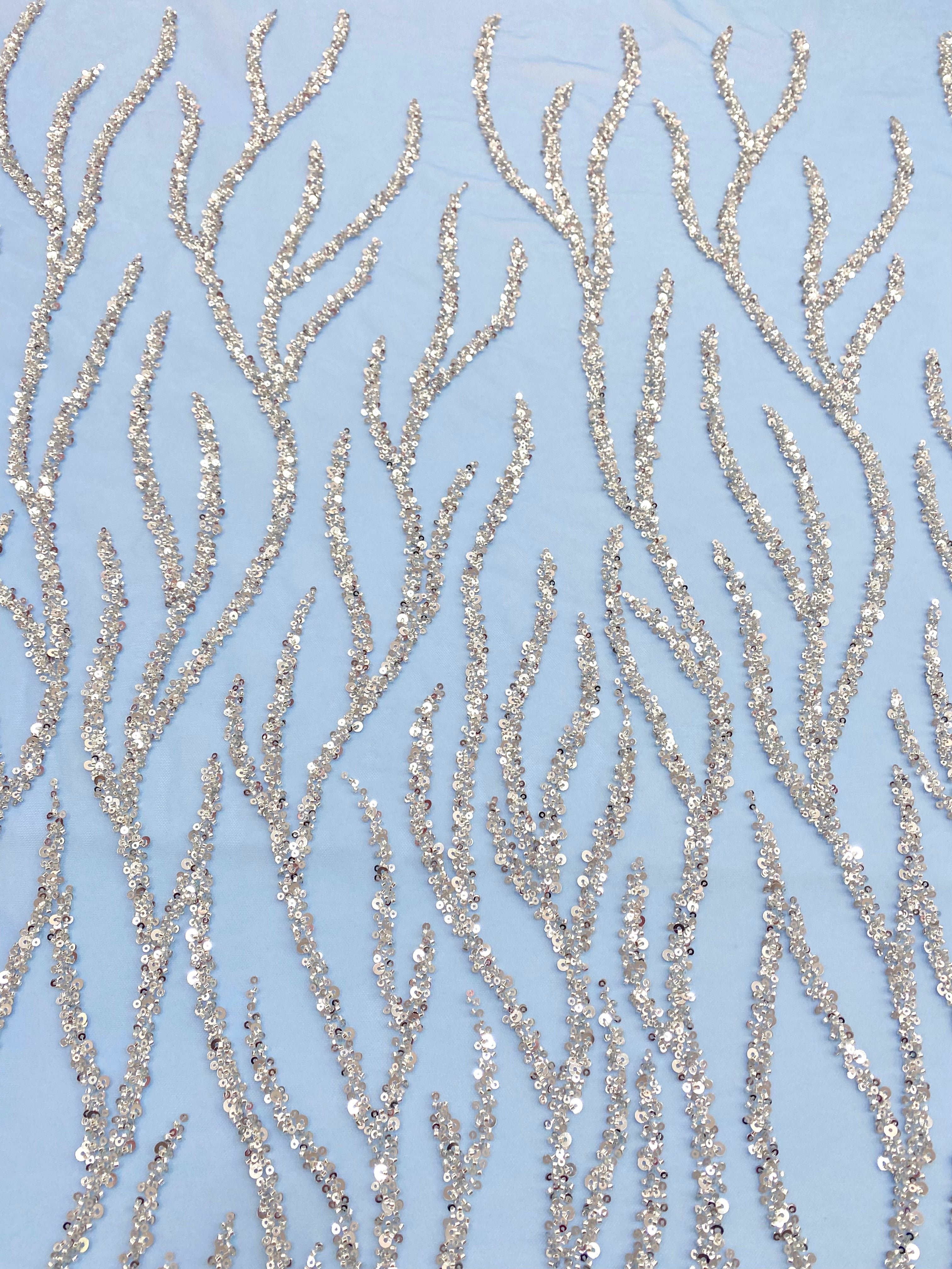 Silver Couture Lace on Blue Tulle, with Symmetrical Pattern, with Beads and Sequins 