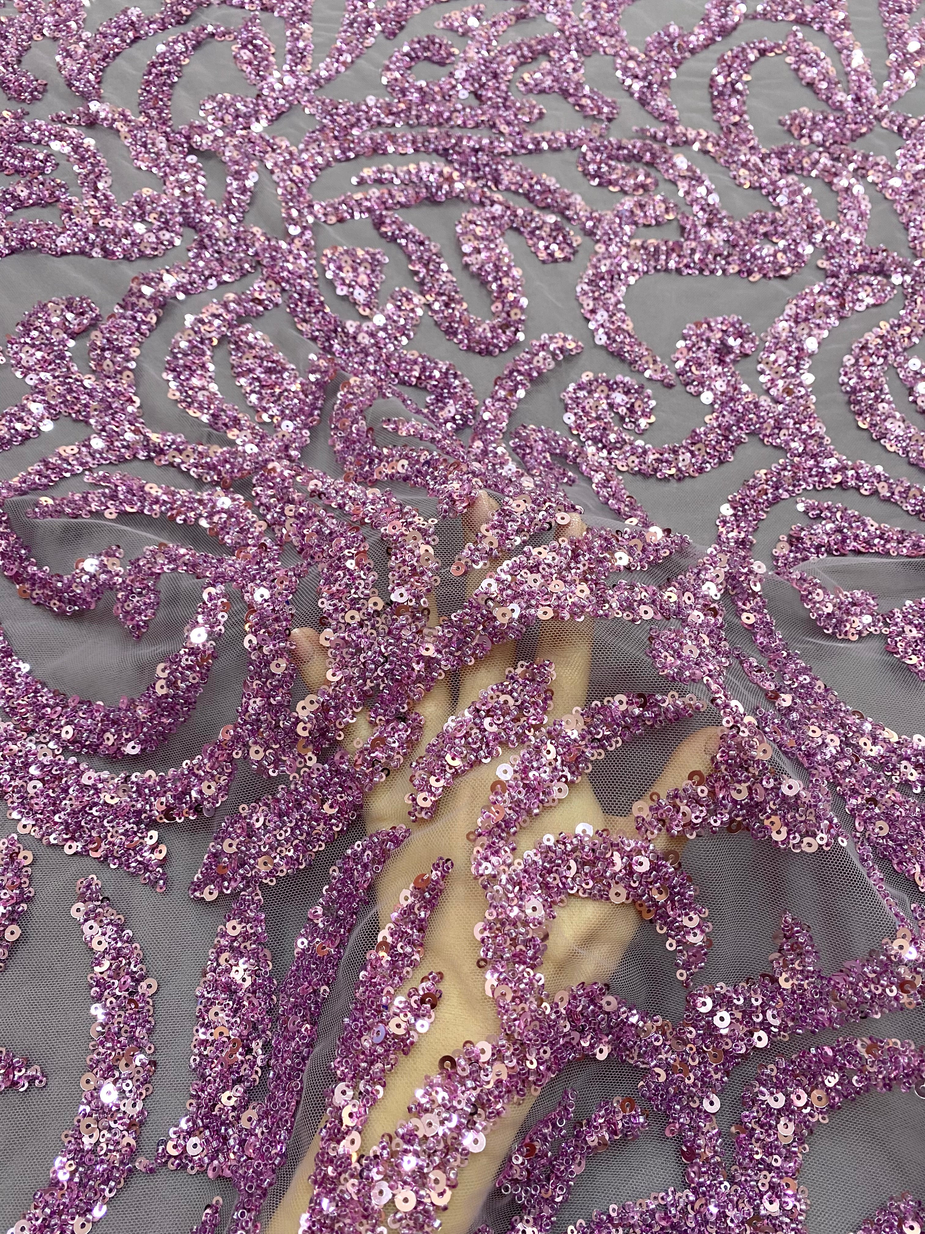 Dantela Couture Lavanda Pudrata cu Model Geometric, cu Margele si Paiete