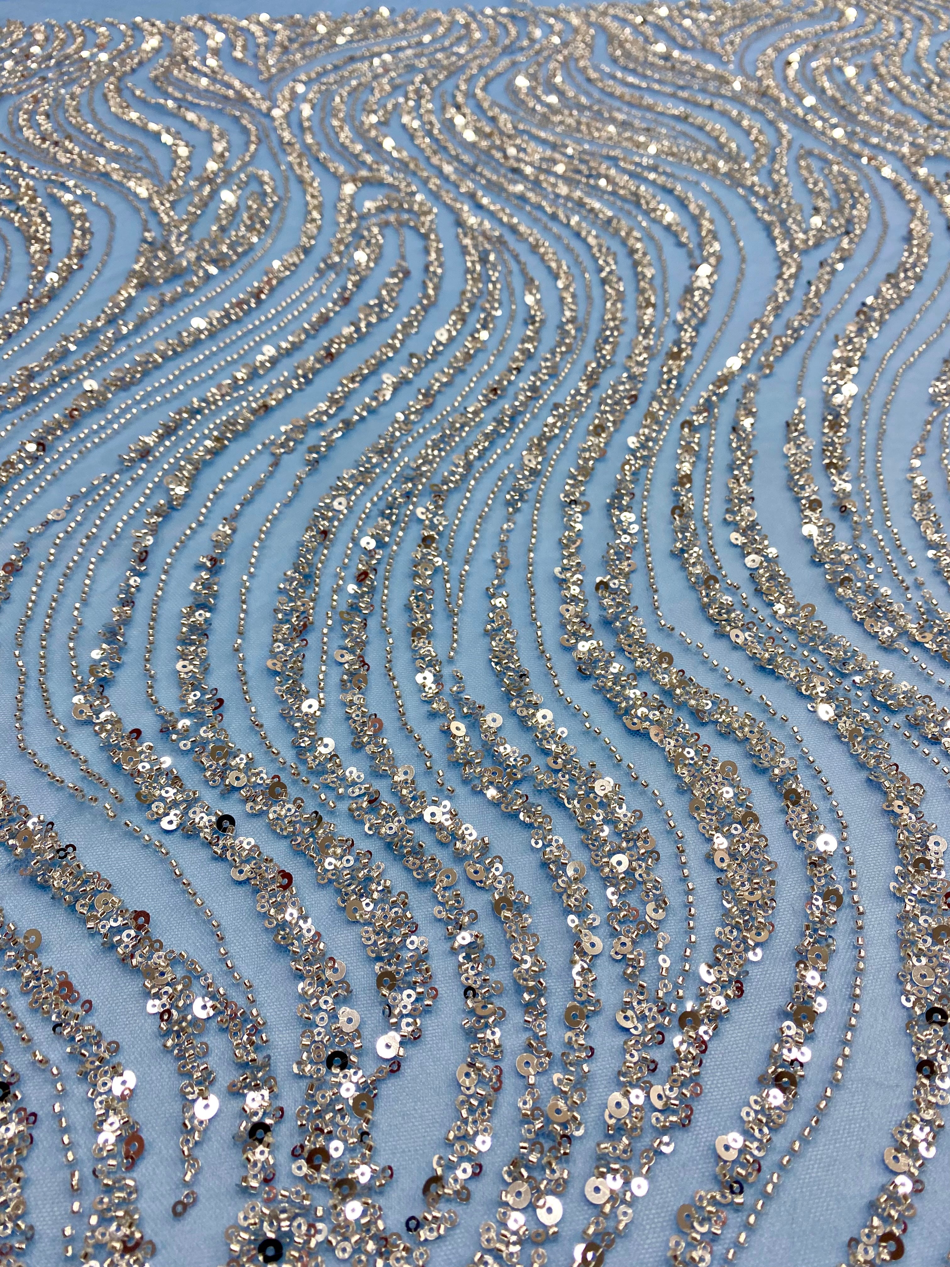 Silver Lace with Linear Pattern, with Pearls and Sequins
