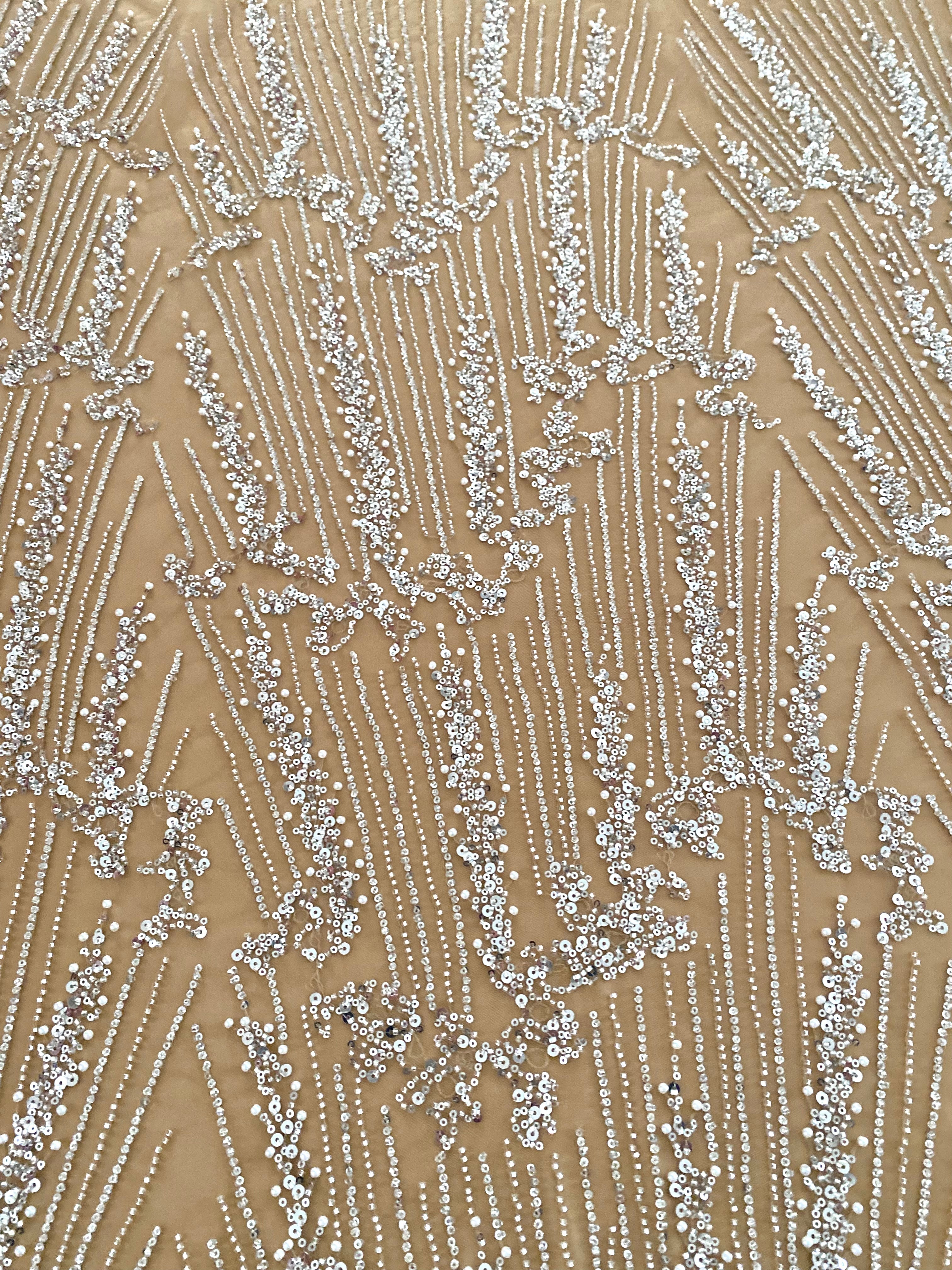 0.9m Voucher of Silver Couture Lace on Champagne Tulle, with Symmetrical Pattern, with Beads and Sequins 