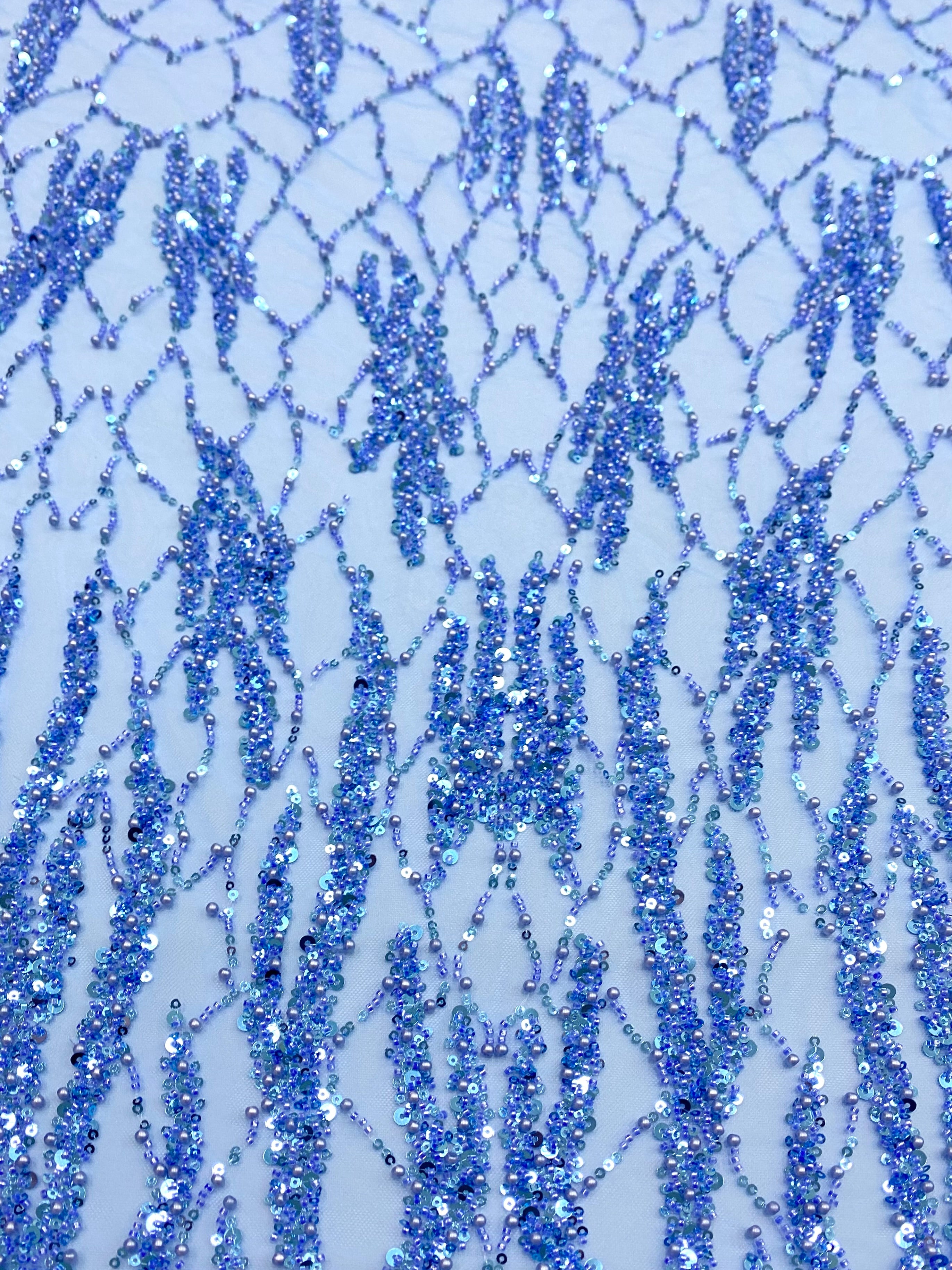 Dantela Couture Sky Blue cu Siraguri cu Perle, Margele si Paiete