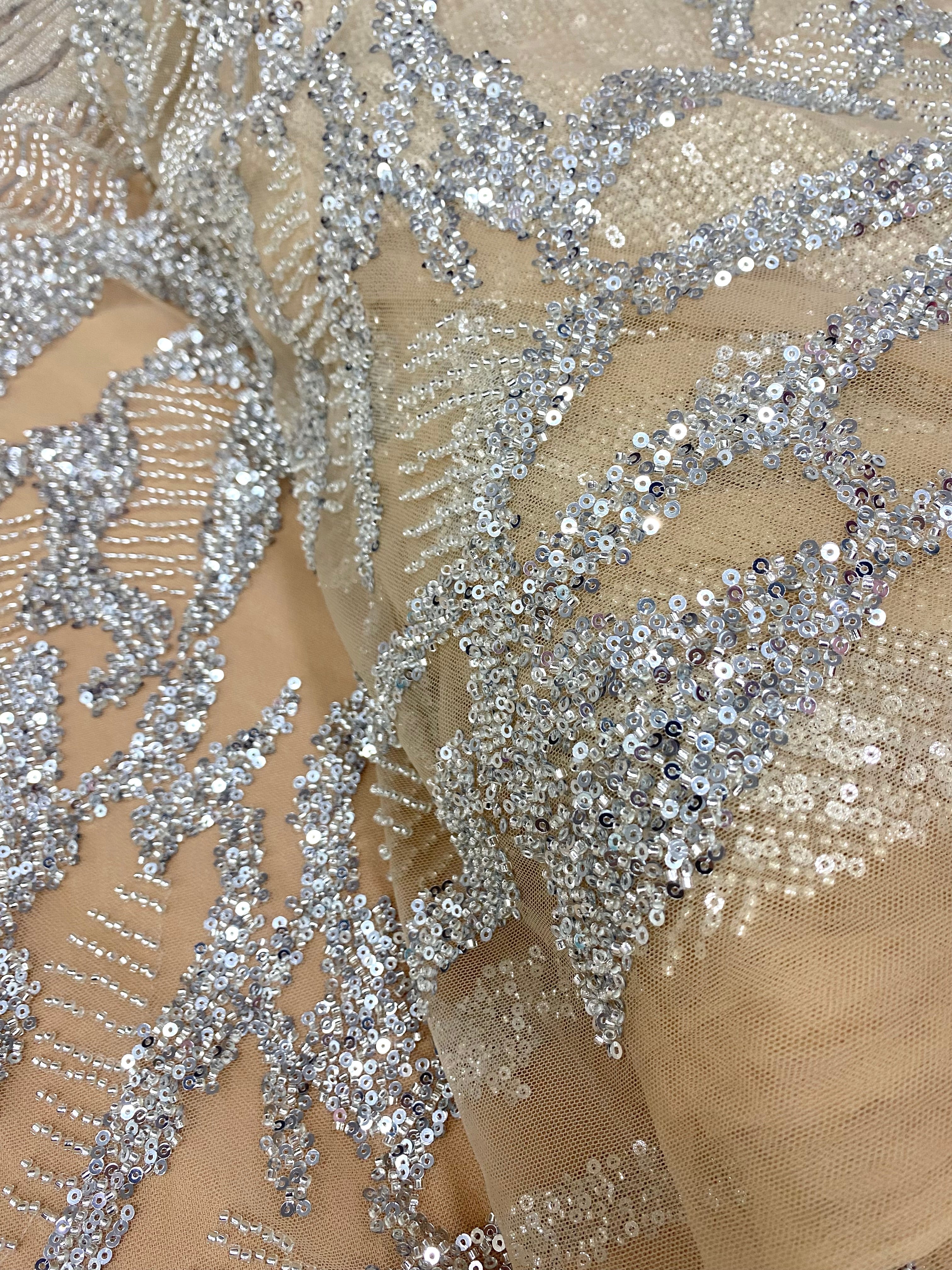 Silver Couture Lace on Nude Tulle with Geometric Pattern, Beads and Sequins