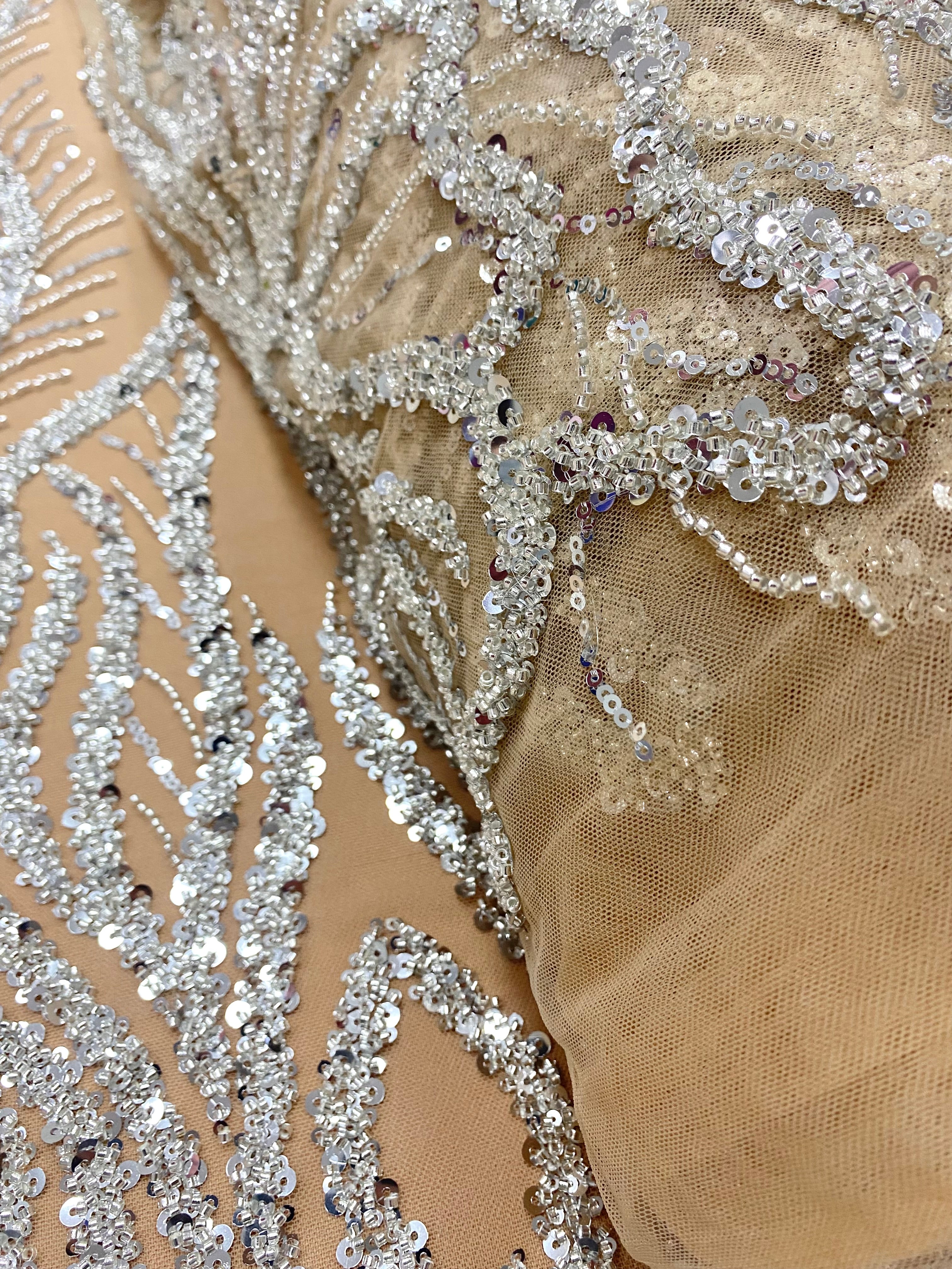 Silver Couture Lace on Nude Tulle with Panel, Beading and Sequins