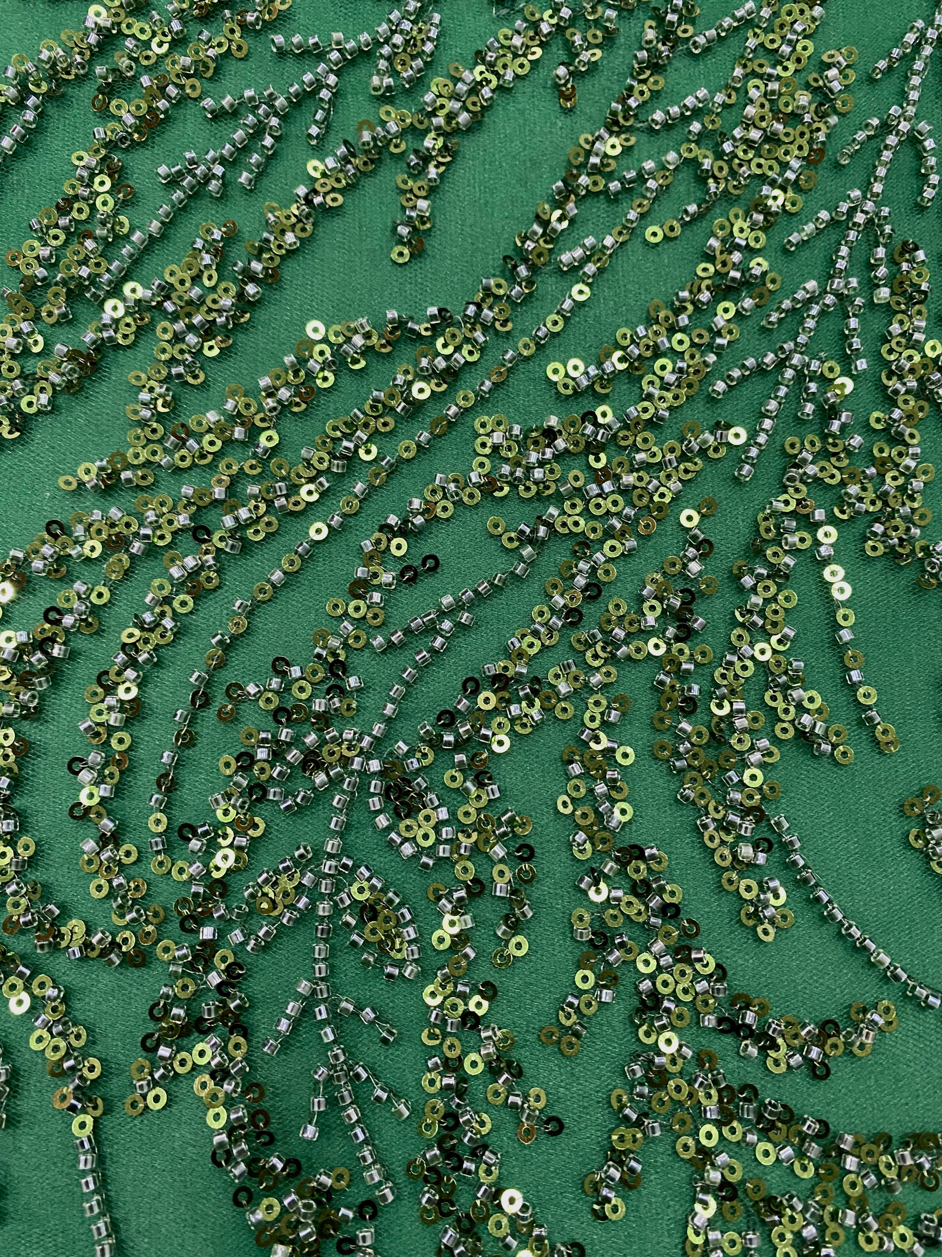 Dantela Couture Verde Smarald cu Model Floral, cu Margele si Paiete