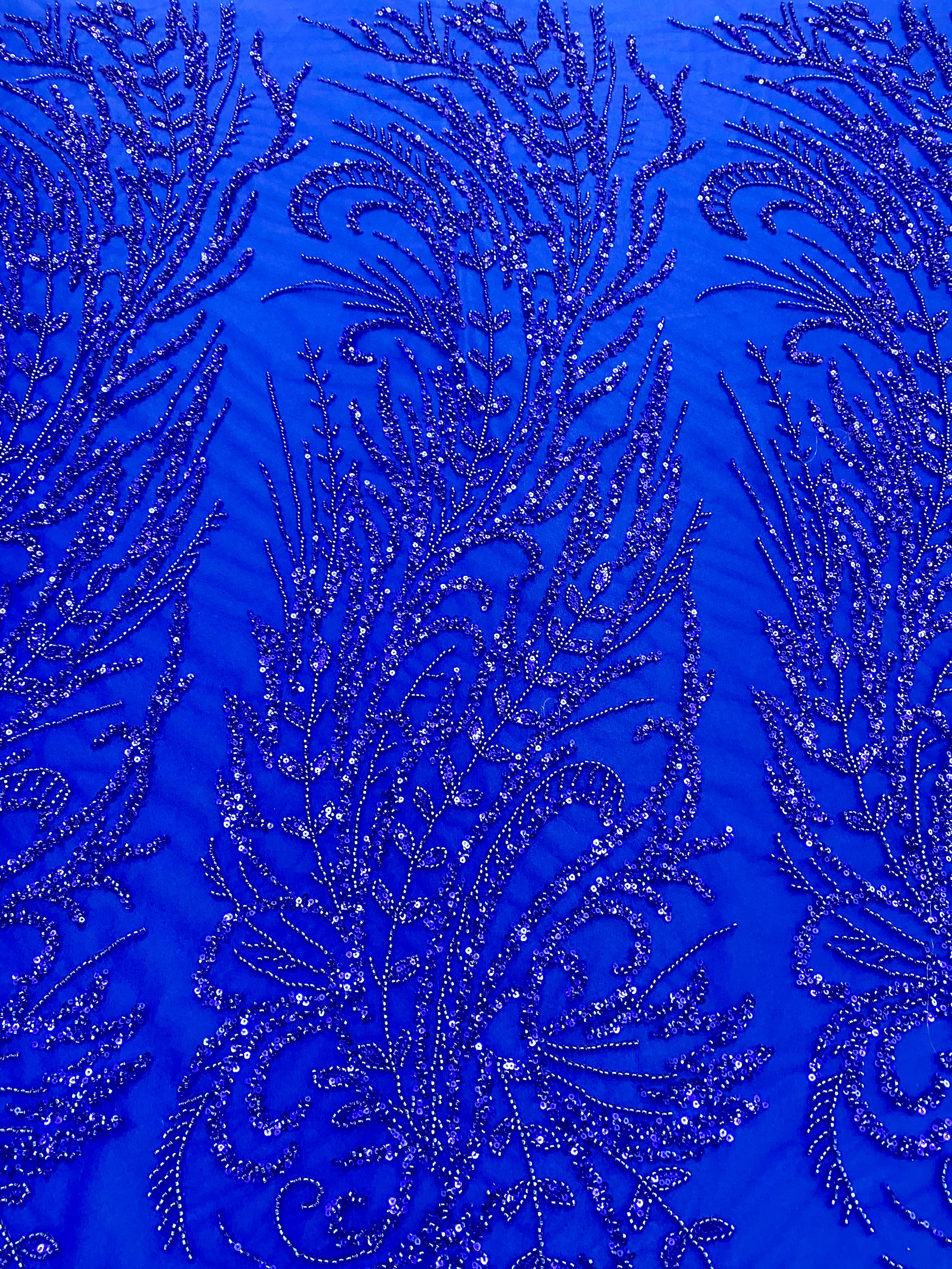 Royal Blue Couture Lace with Floral Pattern, Beads and Sequins
