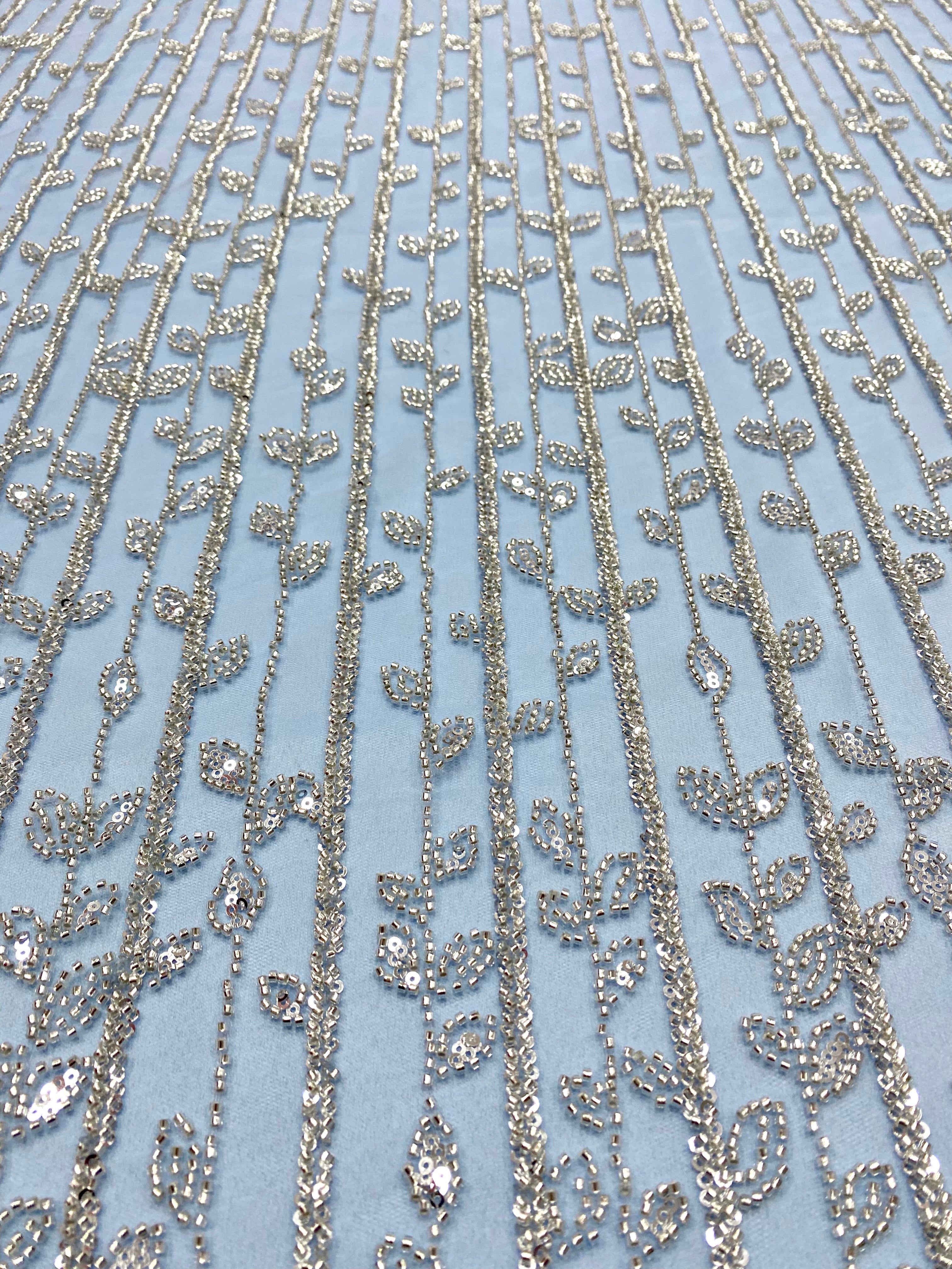 Silver Lace with Linear Pattern, with Pearls and Sequins