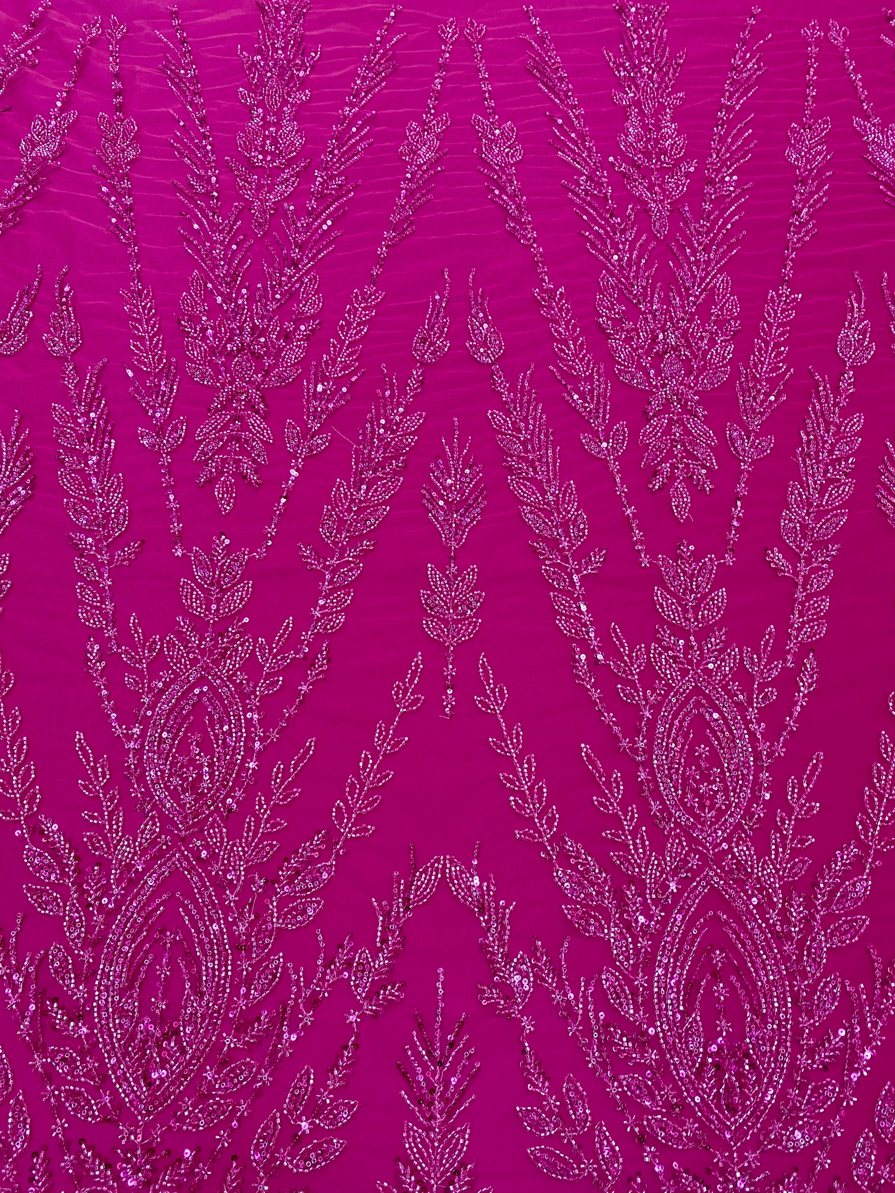 Dantela Couture Fucsia cu Model Simetric, cu Margele si Paiete