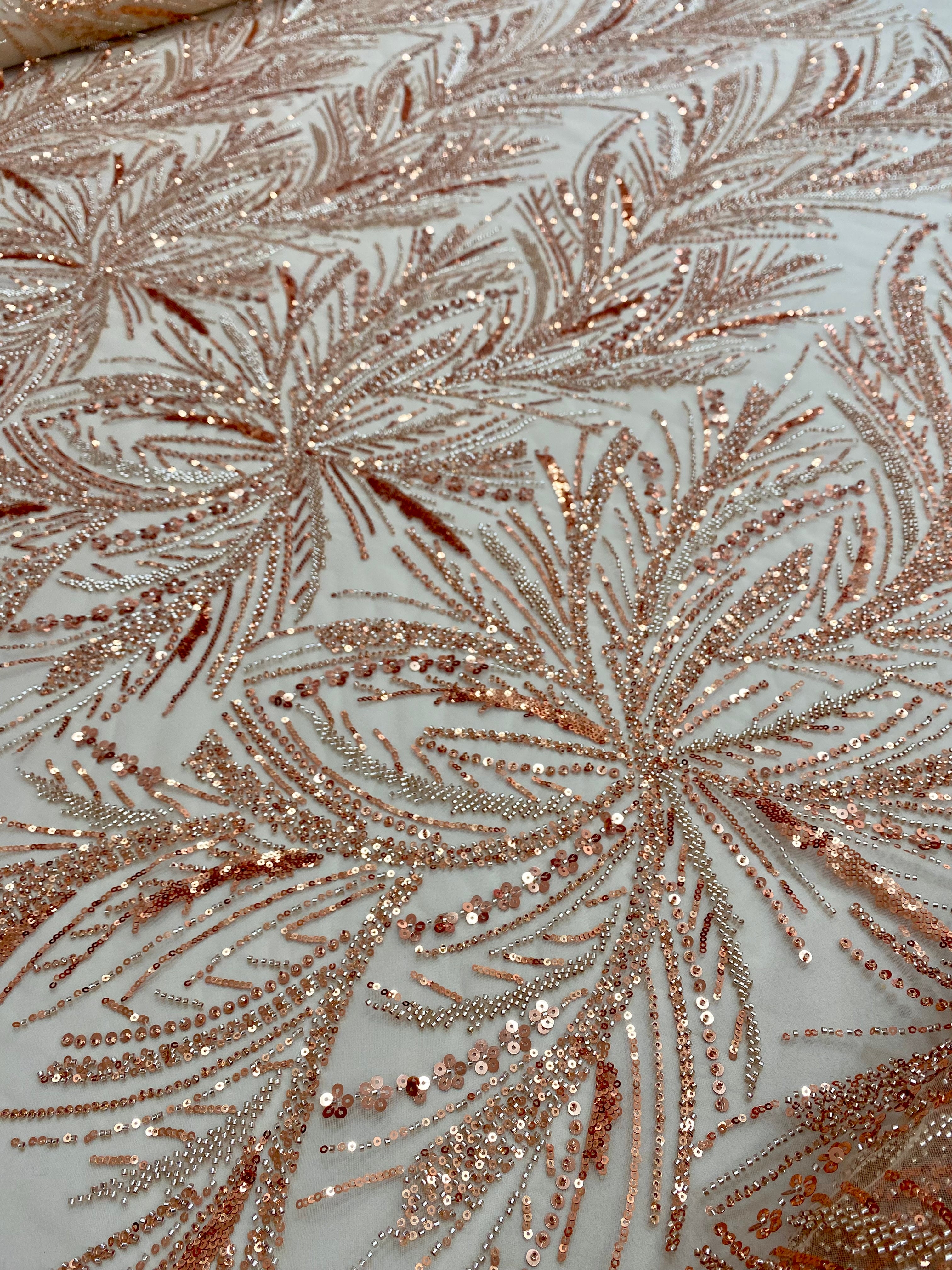 Rose Gold Couture Lace with Linear Pattern, Beads and Sequins