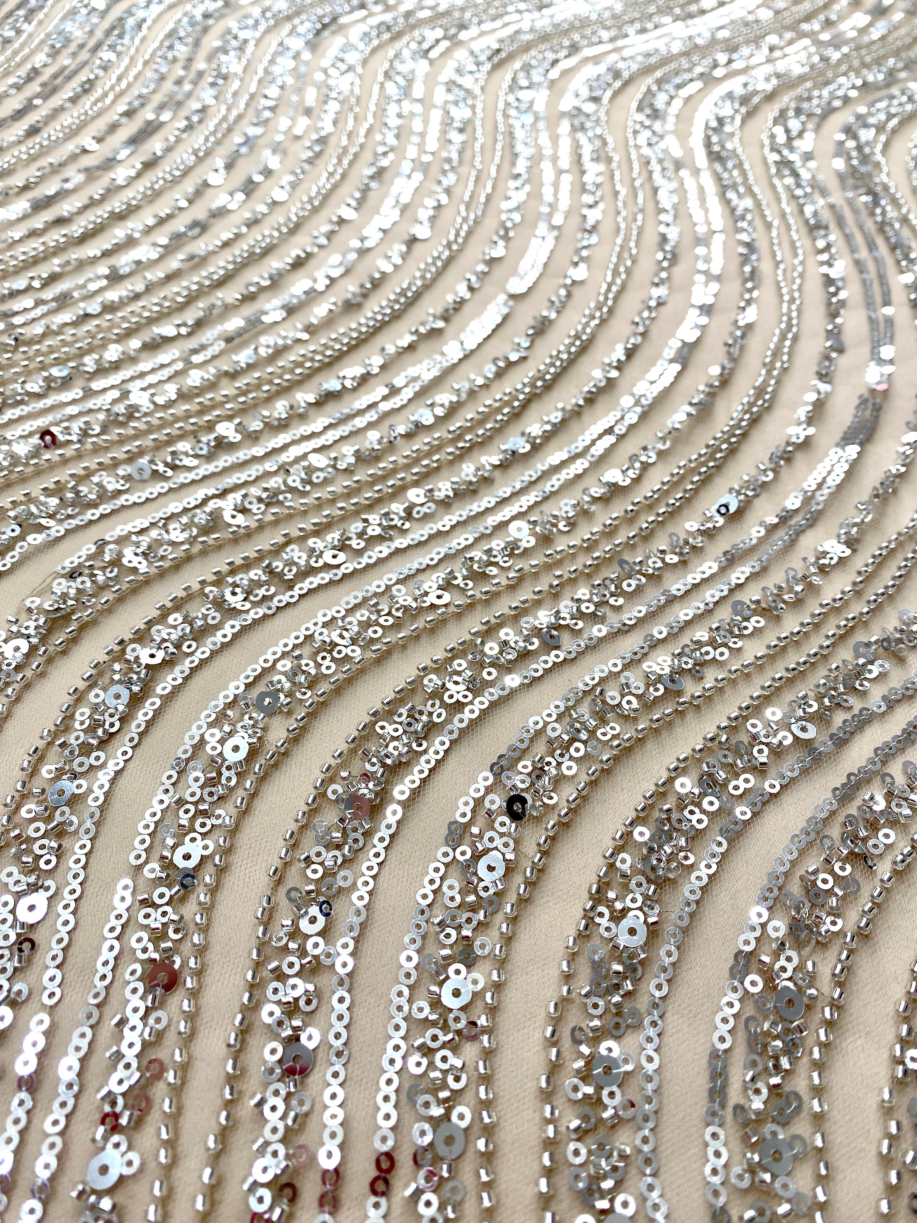 Silver Lace with Geometric Pattern, with Beads and Sequins
