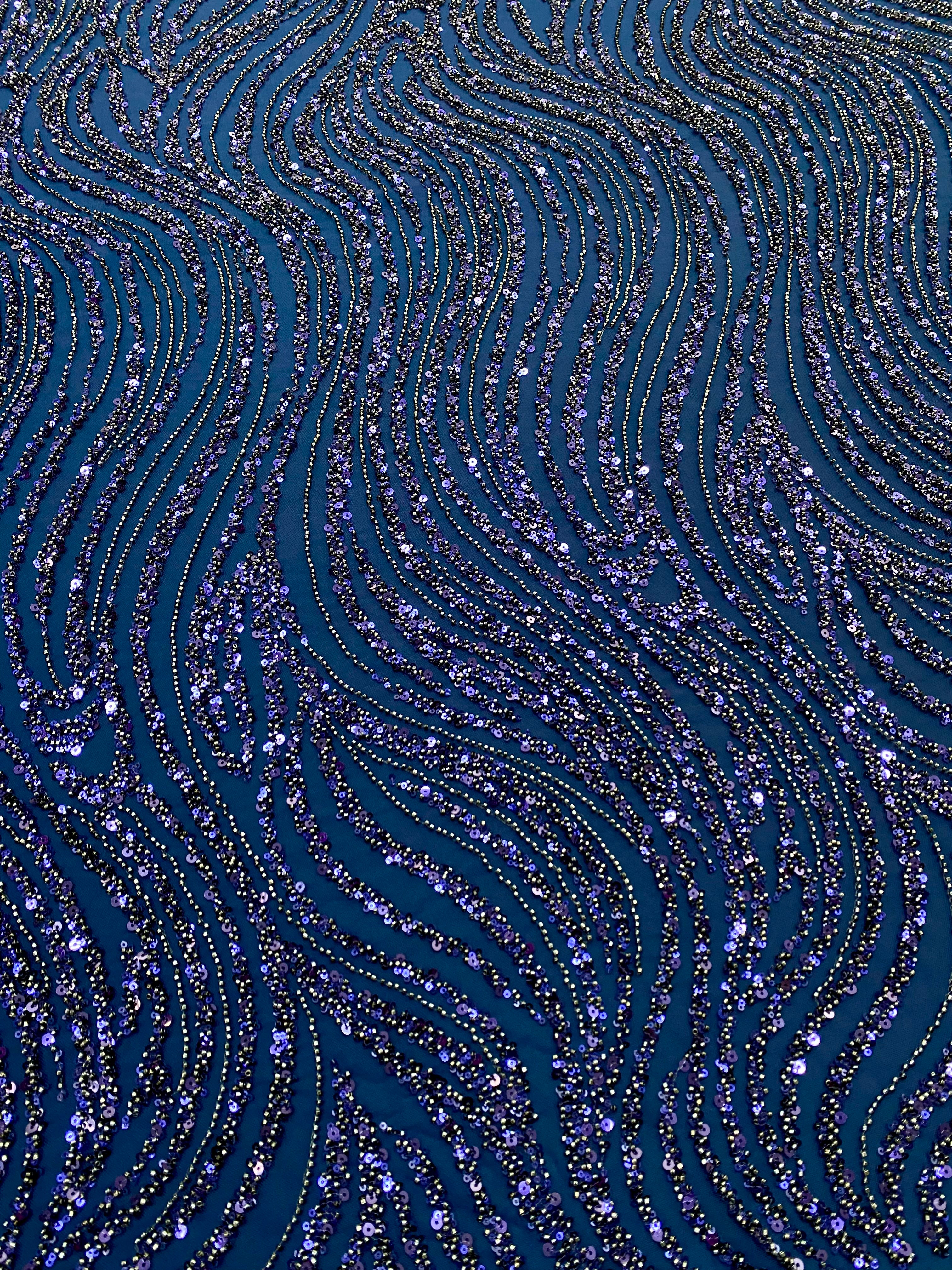 Navy Blue Couture Lace with Linear Pattern, Beads and Sequins