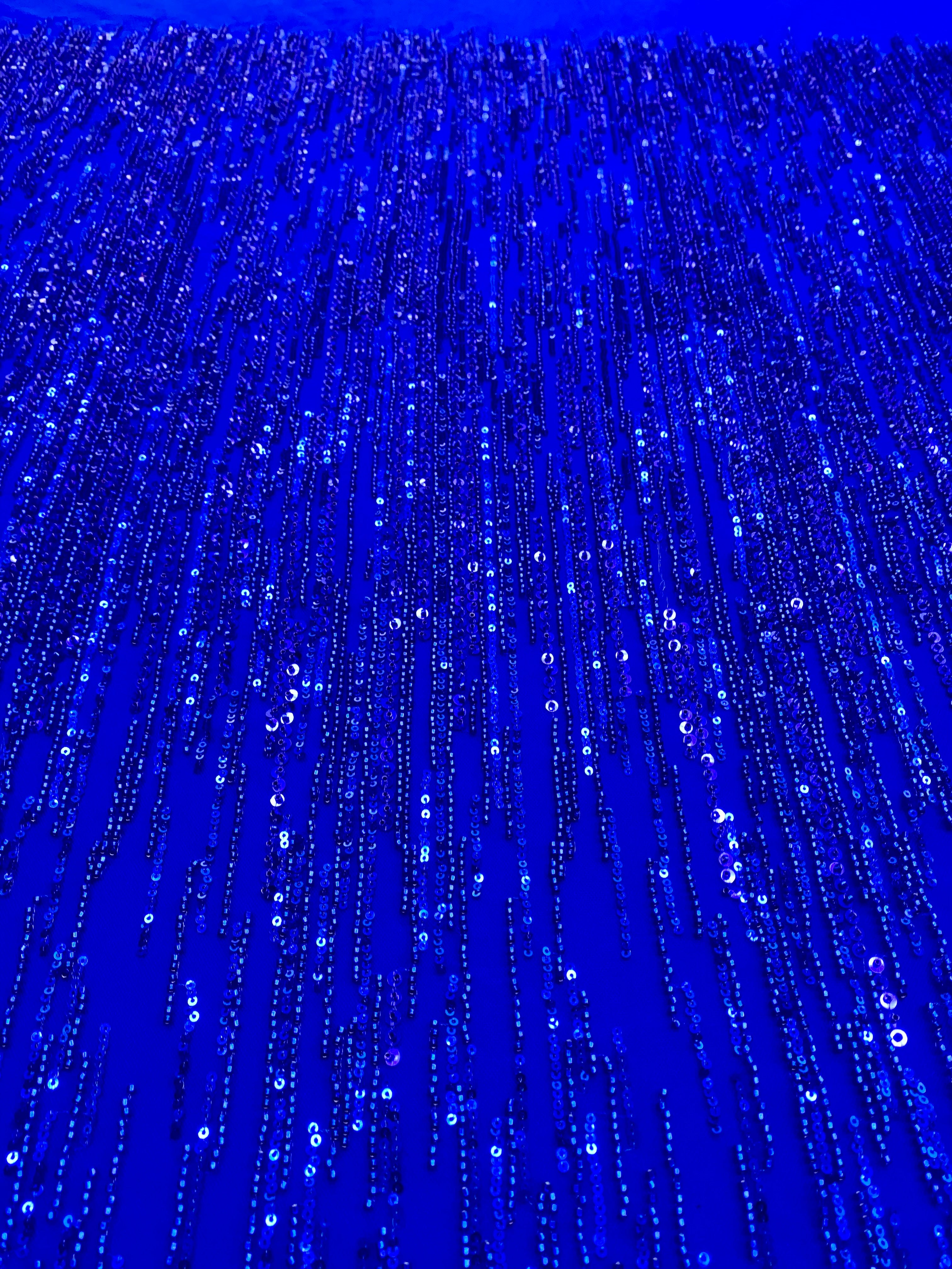 Royal Blue Couture Lace with Linear Pattern, Beads and Sequins