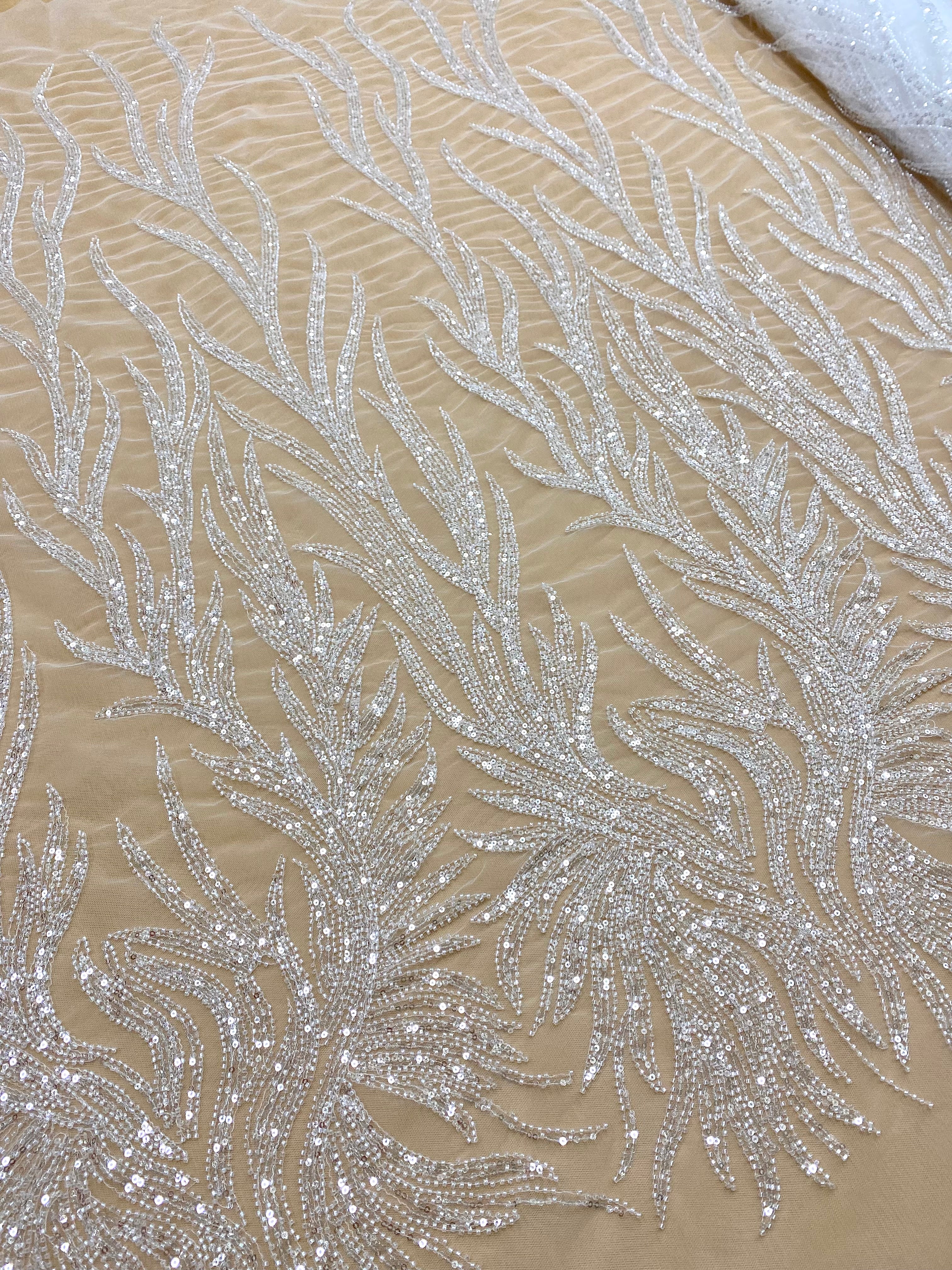 Silver Lace with Linear Pattern, with Pearls and Sequins