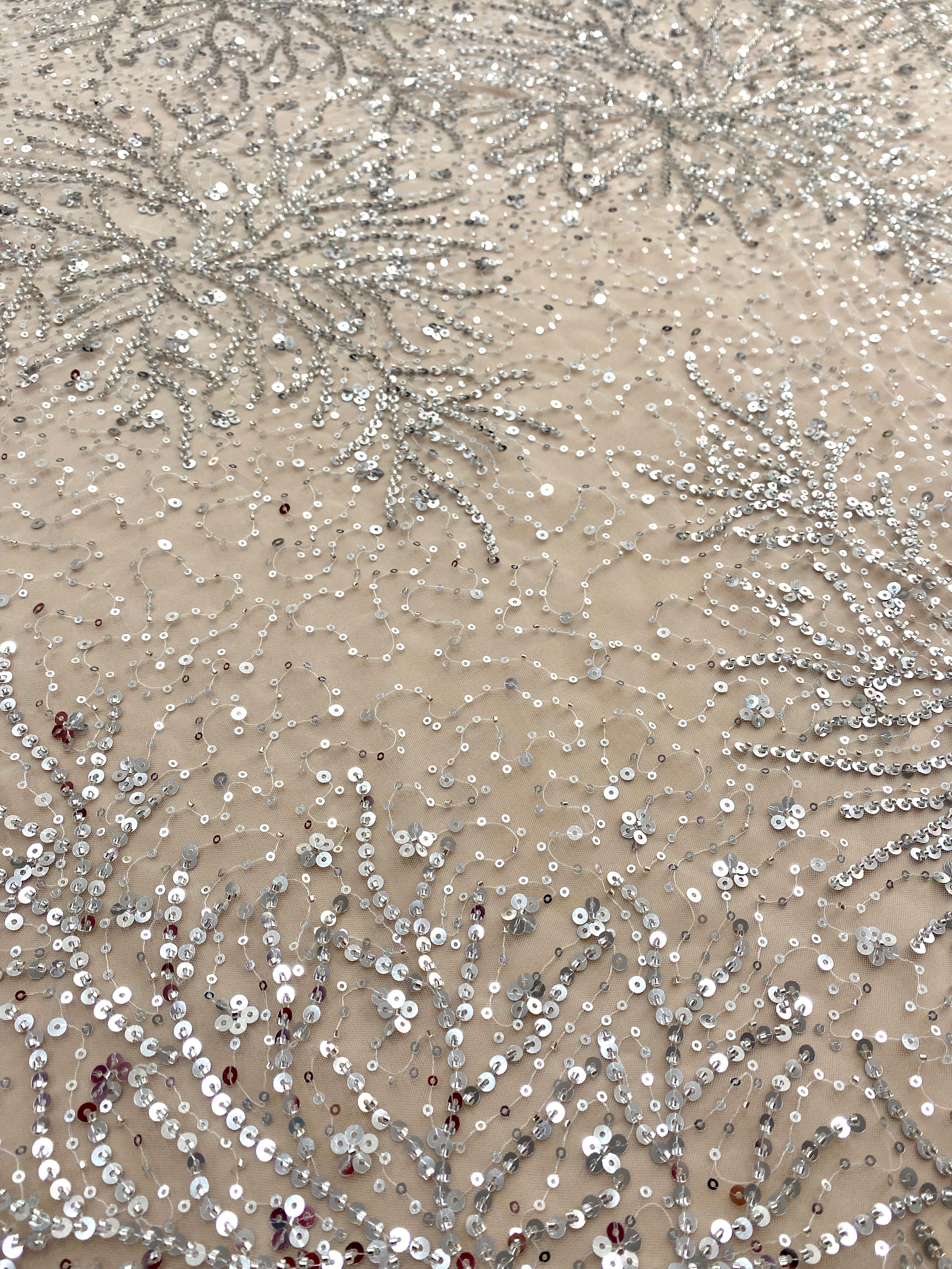 Silver Lace with Nude Tulle with Linear Pattern, Beads and Sequins