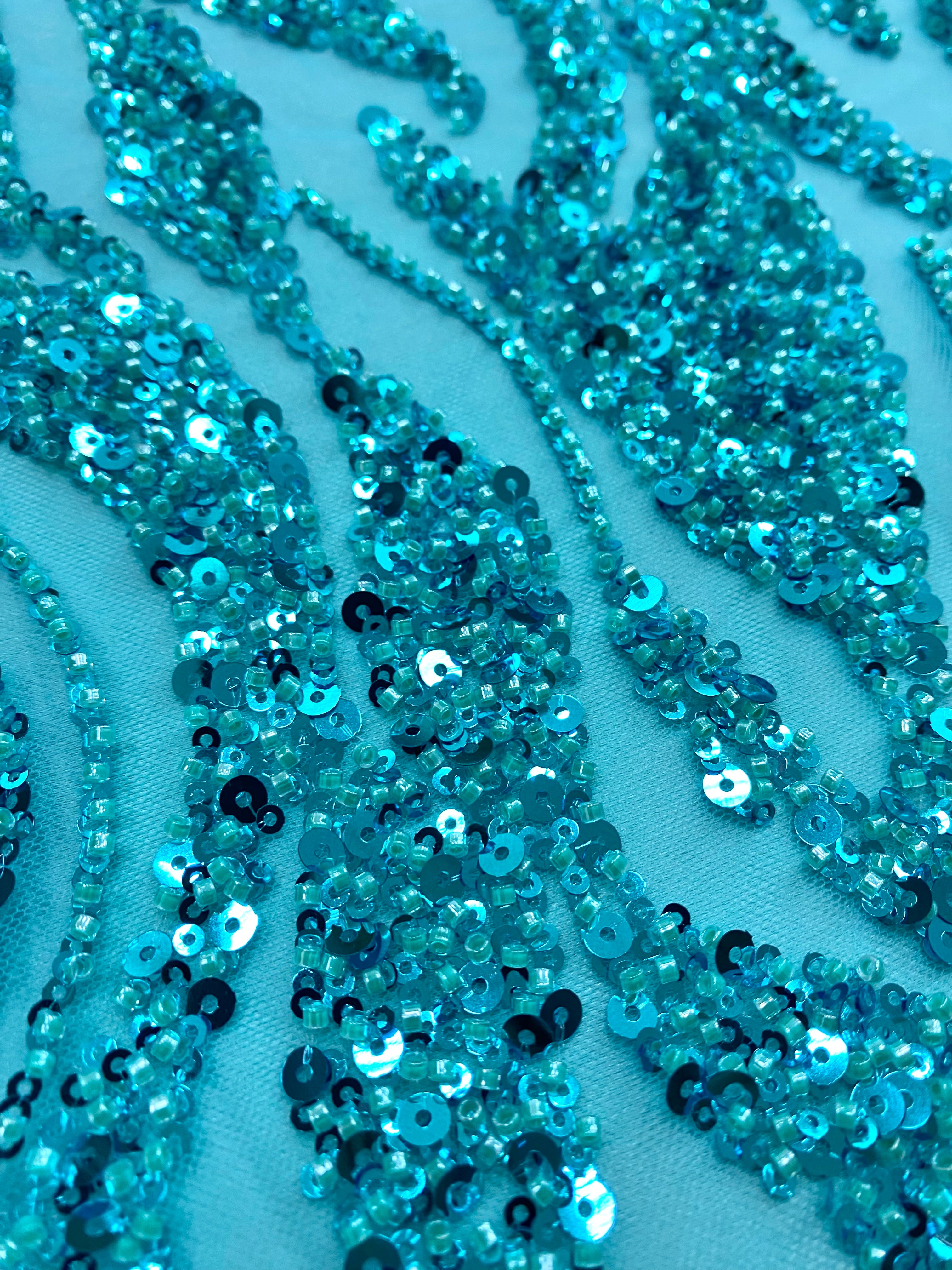 Turquoise Couture Lace with Strings, Beads and Sequins 