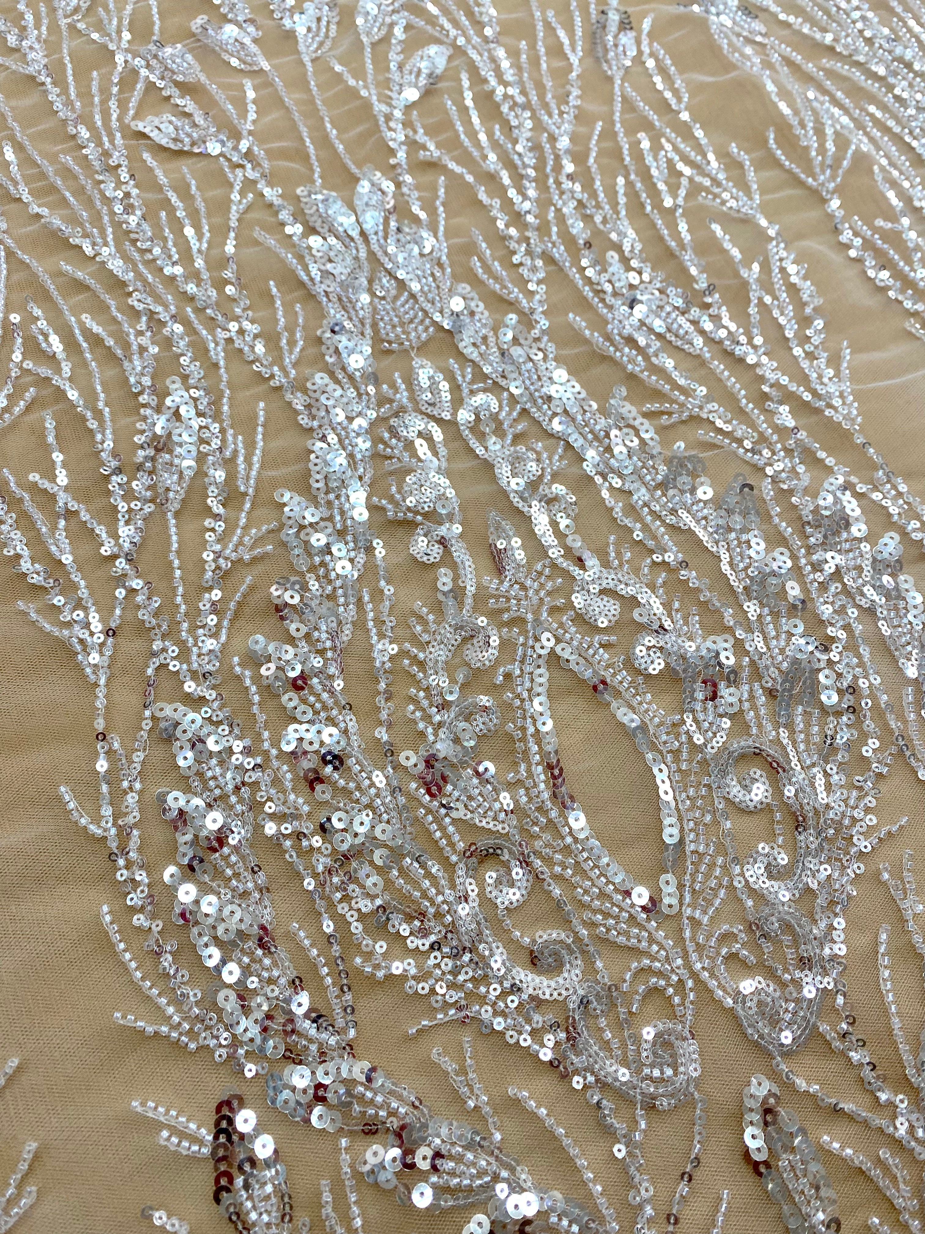 Silver Lace with Linear Pattern, with Pearls and Sequins