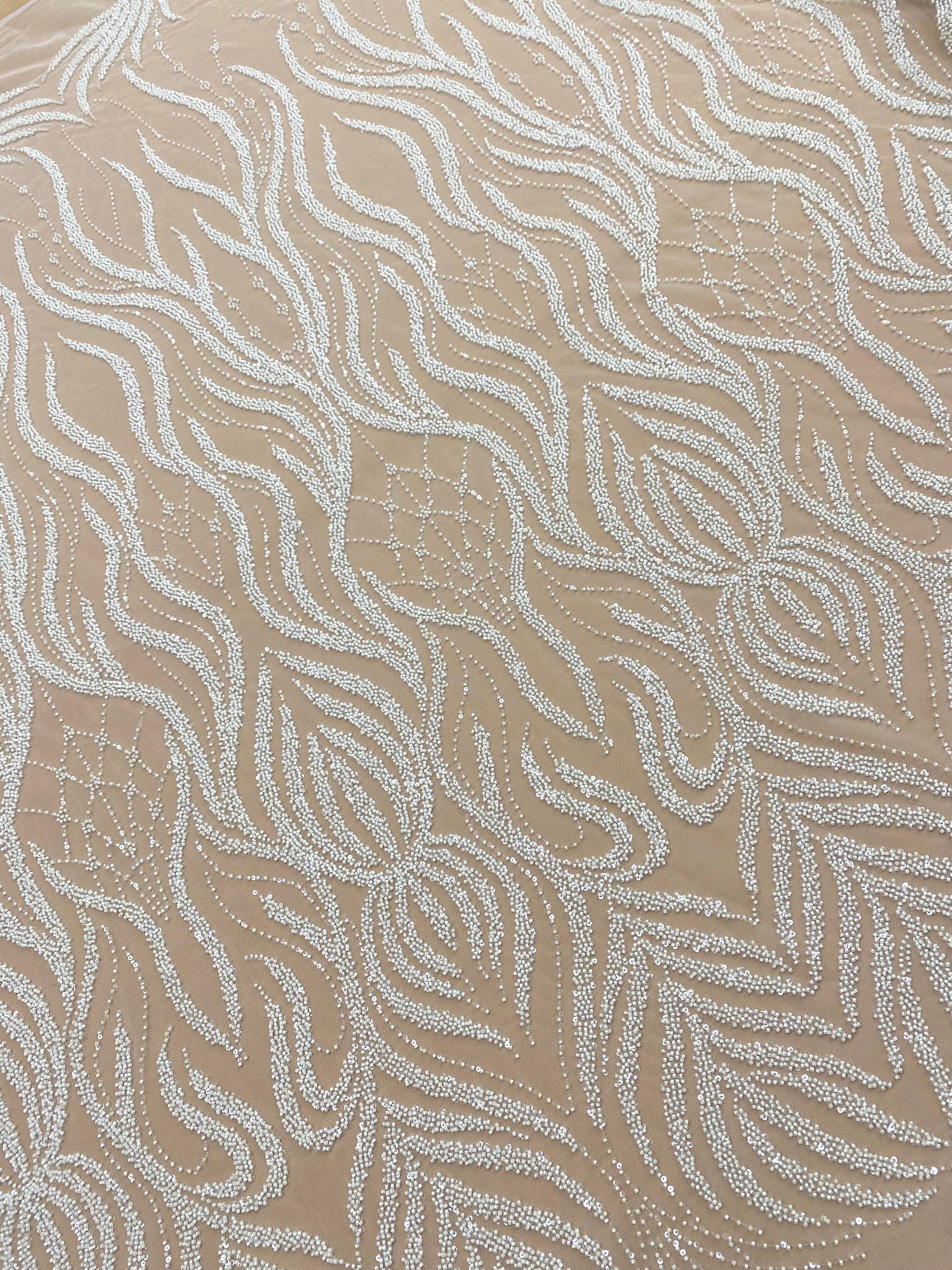 Ivory Couture Lace with Geometric Pattern, Beads and Sequins