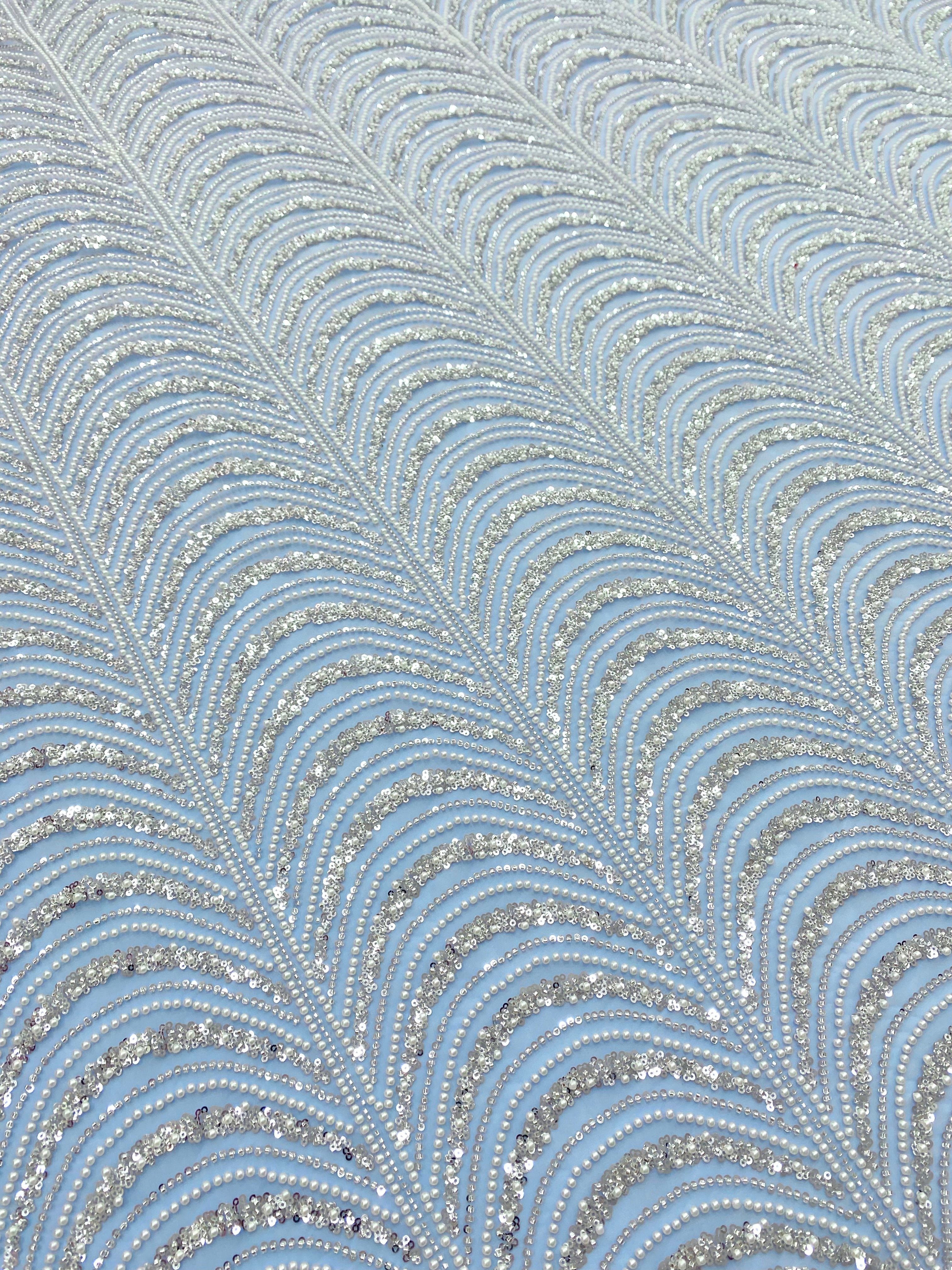 Silver Couture Lace on Blue Tulle, with Symmetrical Pattern, with Beads and Sequins 