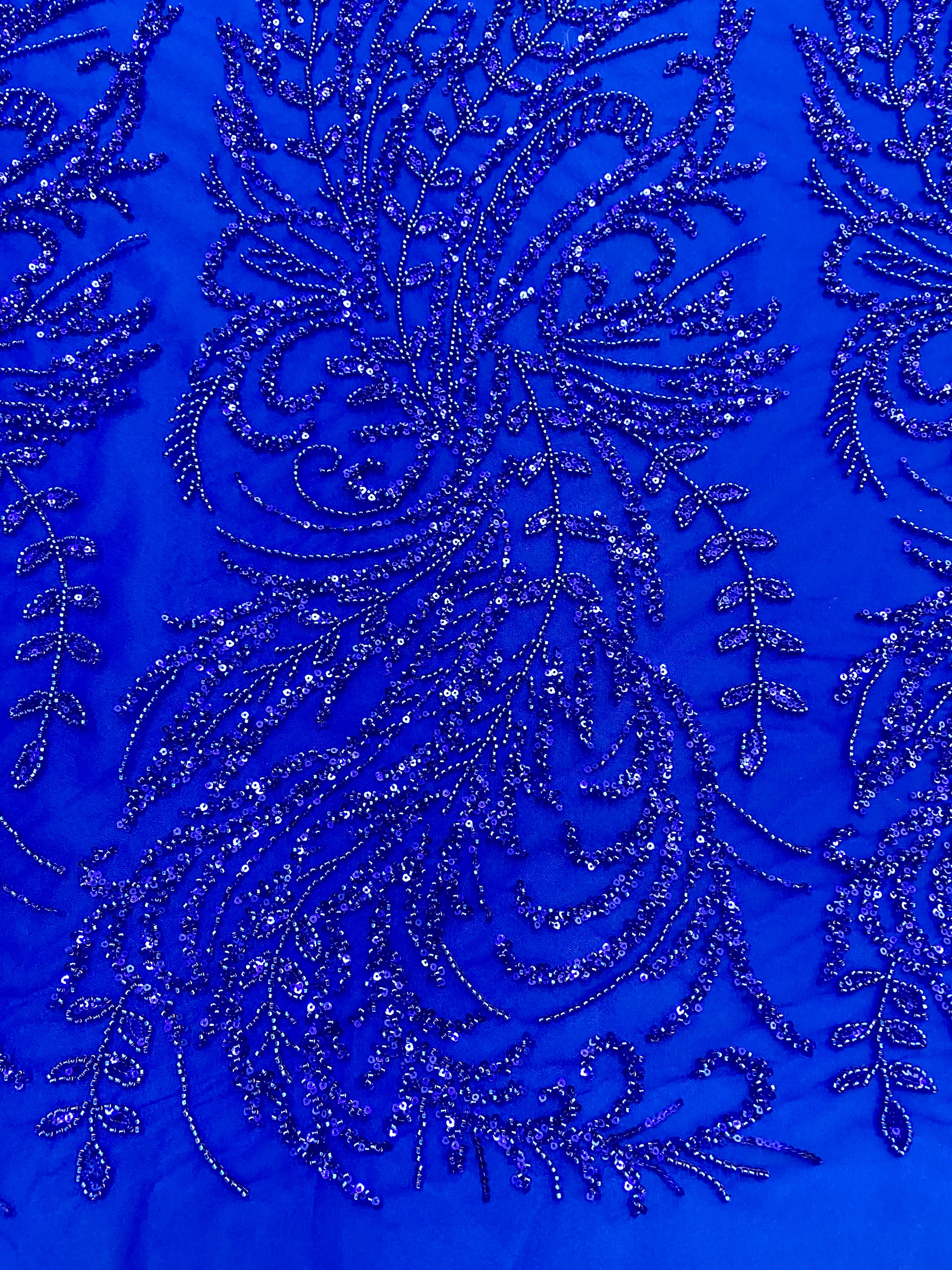 Royal Blue Couture Lace with Floral Pattern, Beads and Sequins