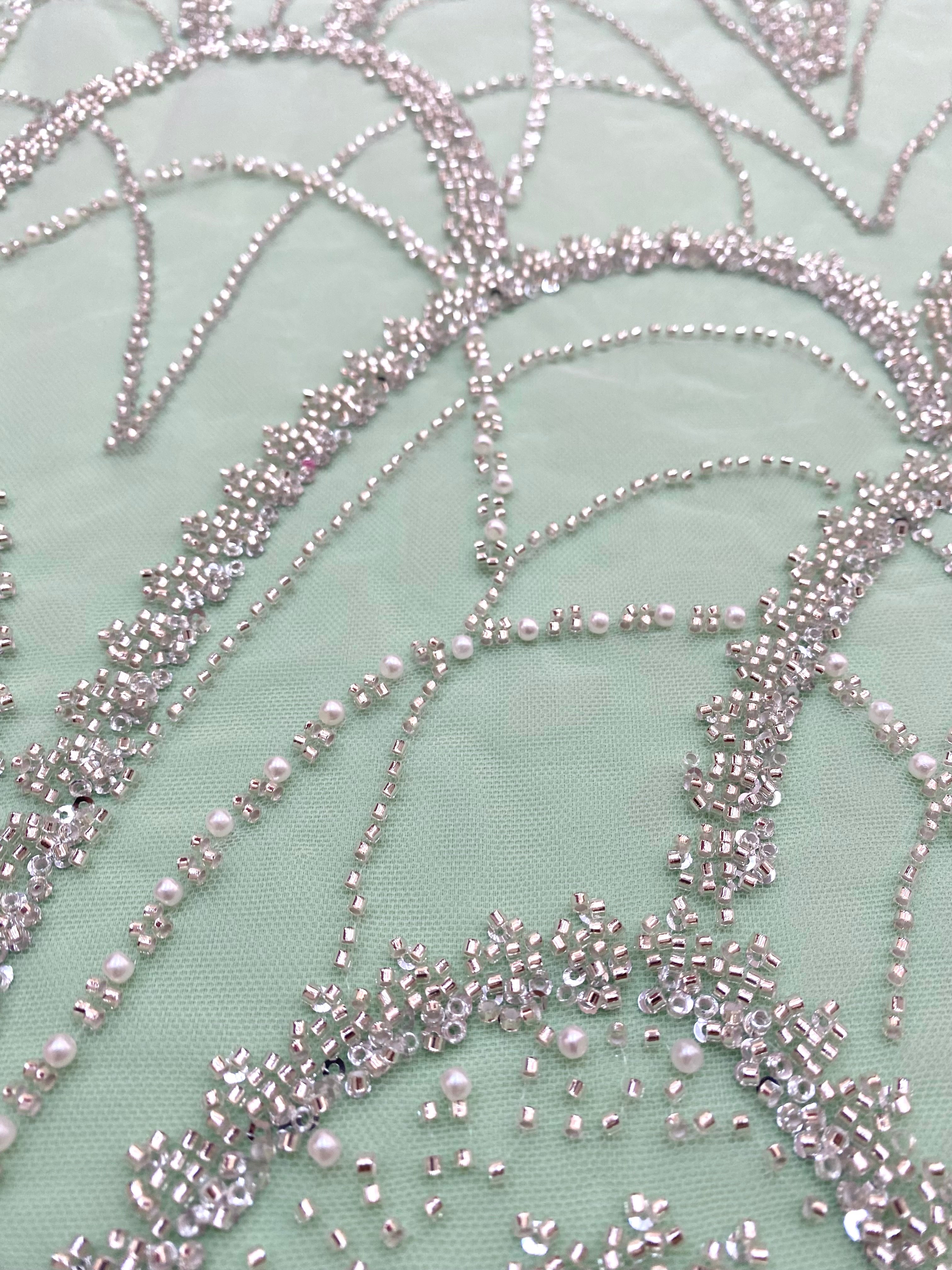 Silver Couture Lace on Mint Green Tulle with Geometric Pattern, with Pearls, Beads and Sequins