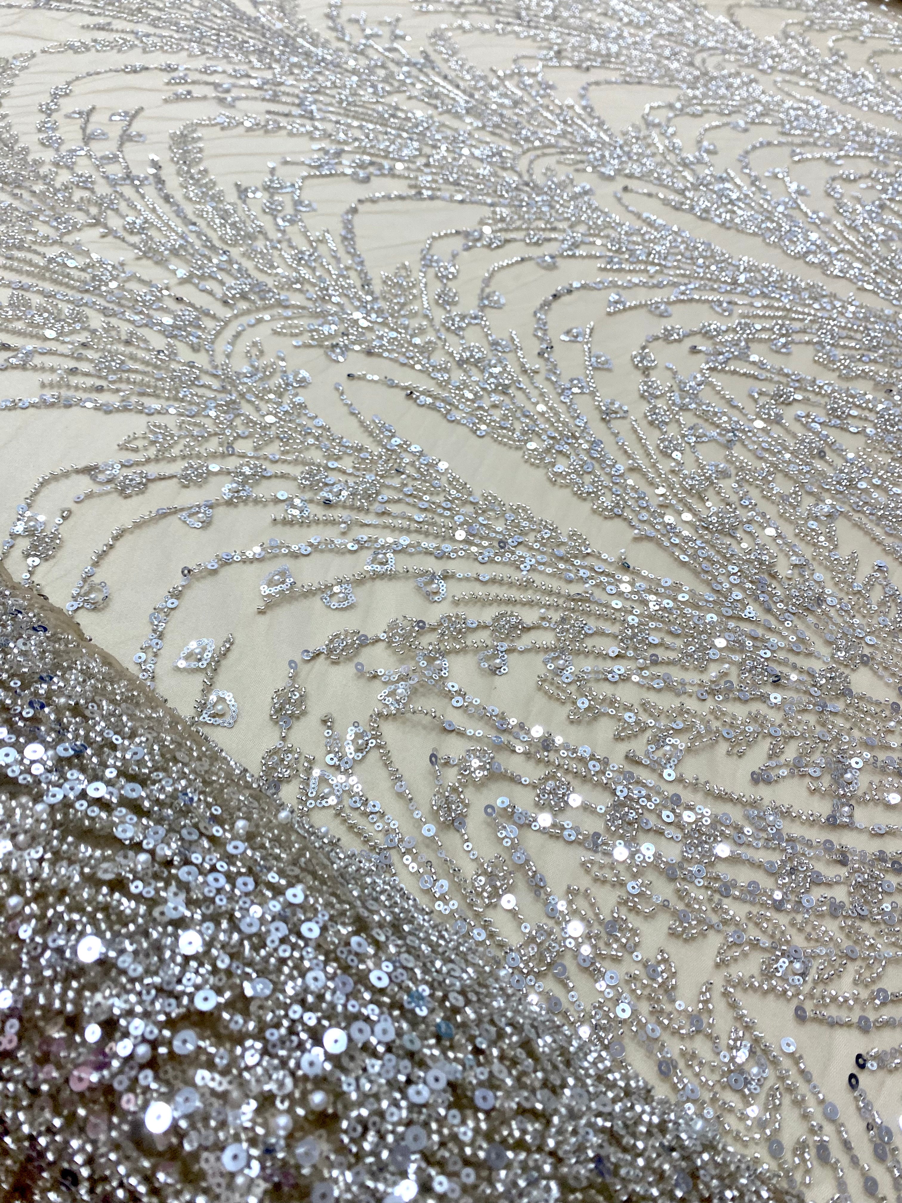 Silver Lace with Geometric Pattern, with Beads and Sequins