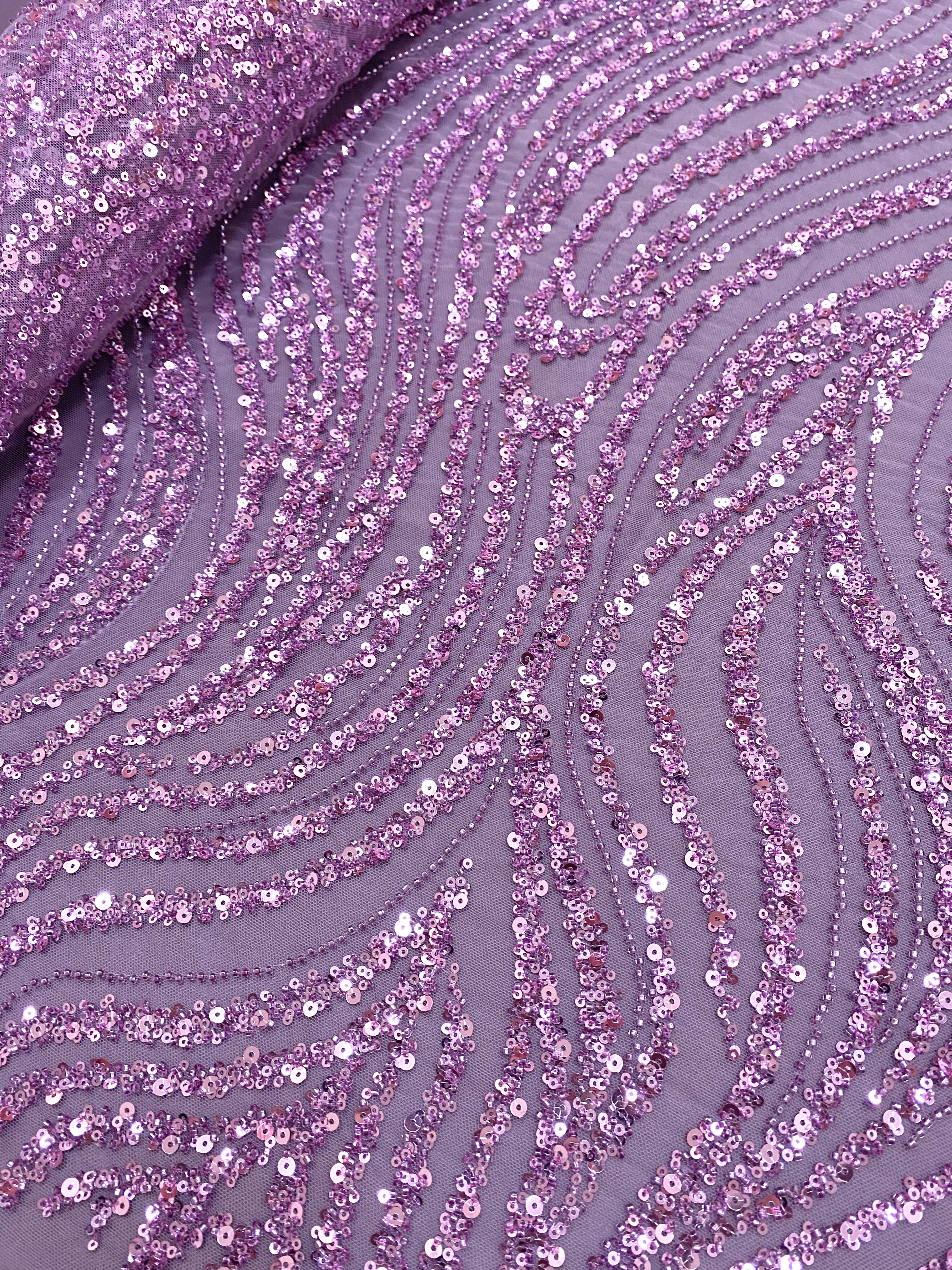 Dantela Couture Lavanda Pudrata cu Model Liniar, cu Margele si Paiete