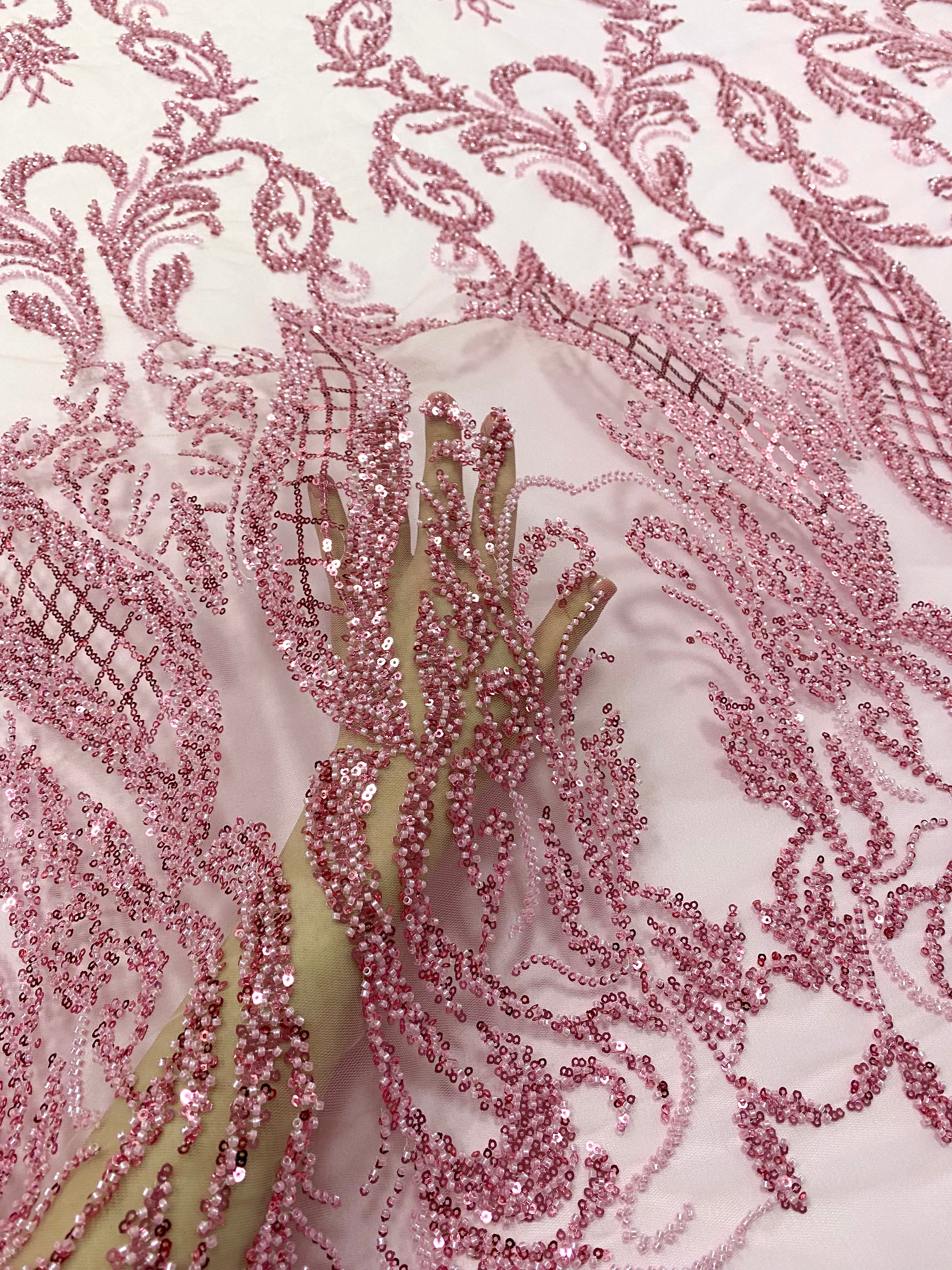 Pink Couture Lace with Geometric Pattern, with Beads and Sequins
