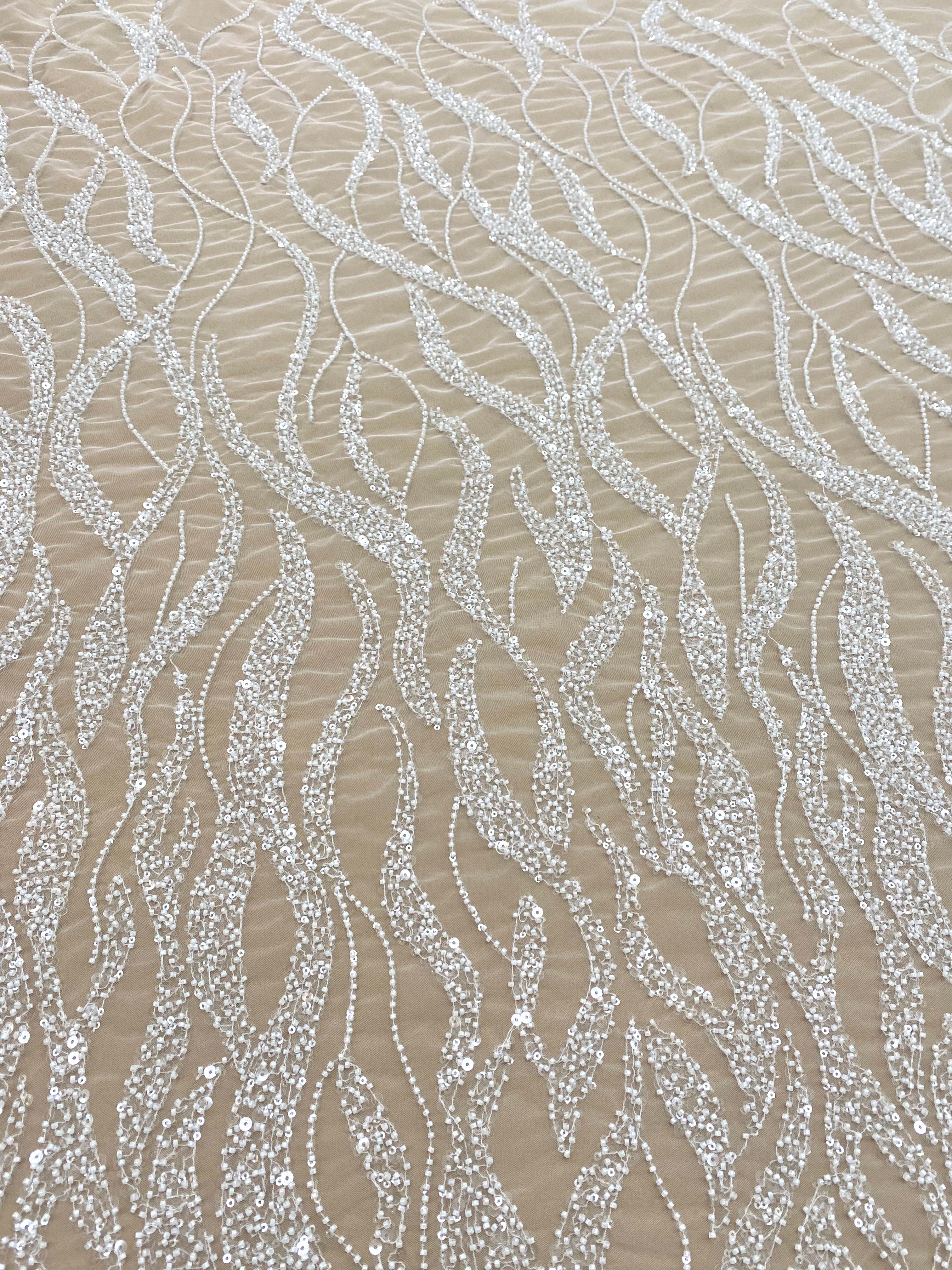 Silver Lace with Nude Tulle with Linear Pattern, Beads and Sequins