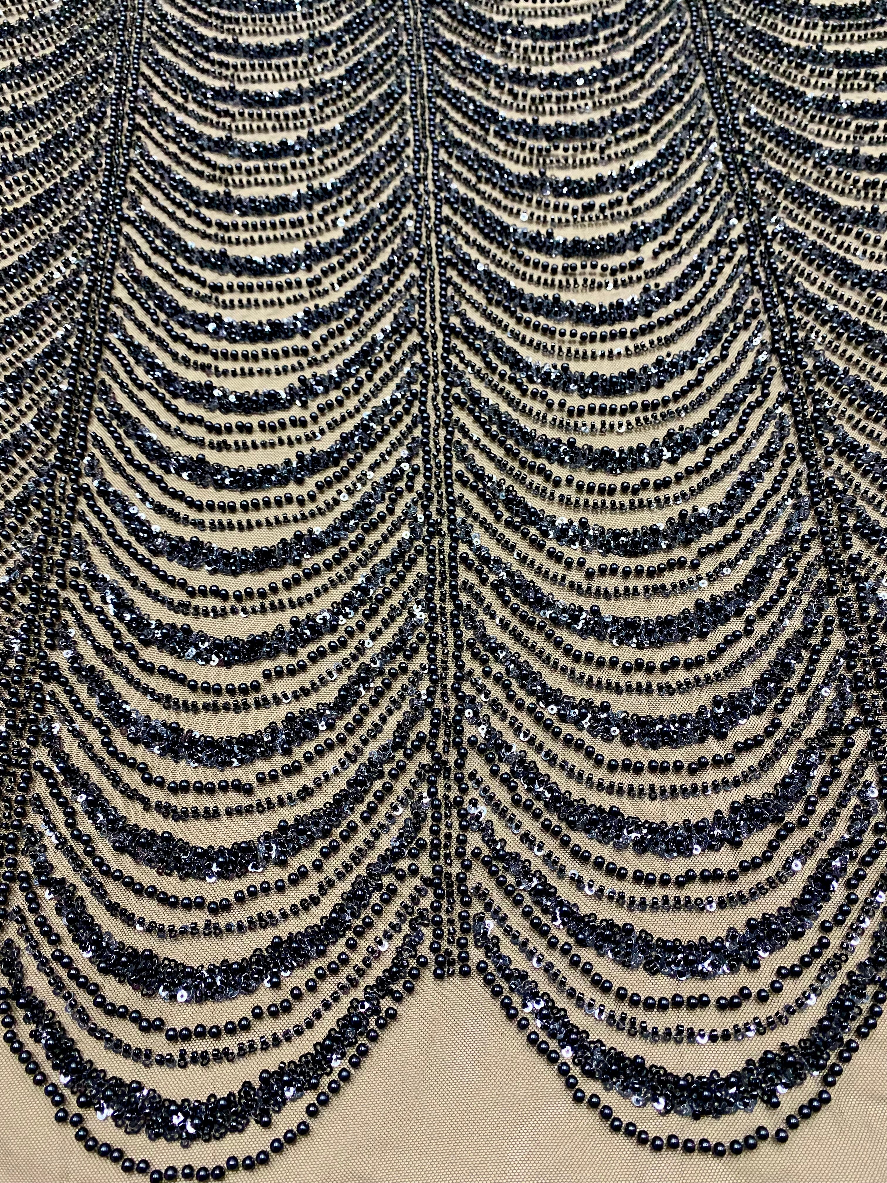 Dantela Couture Neagra cu Model Geometric, cu Perle, Margele si Paiete