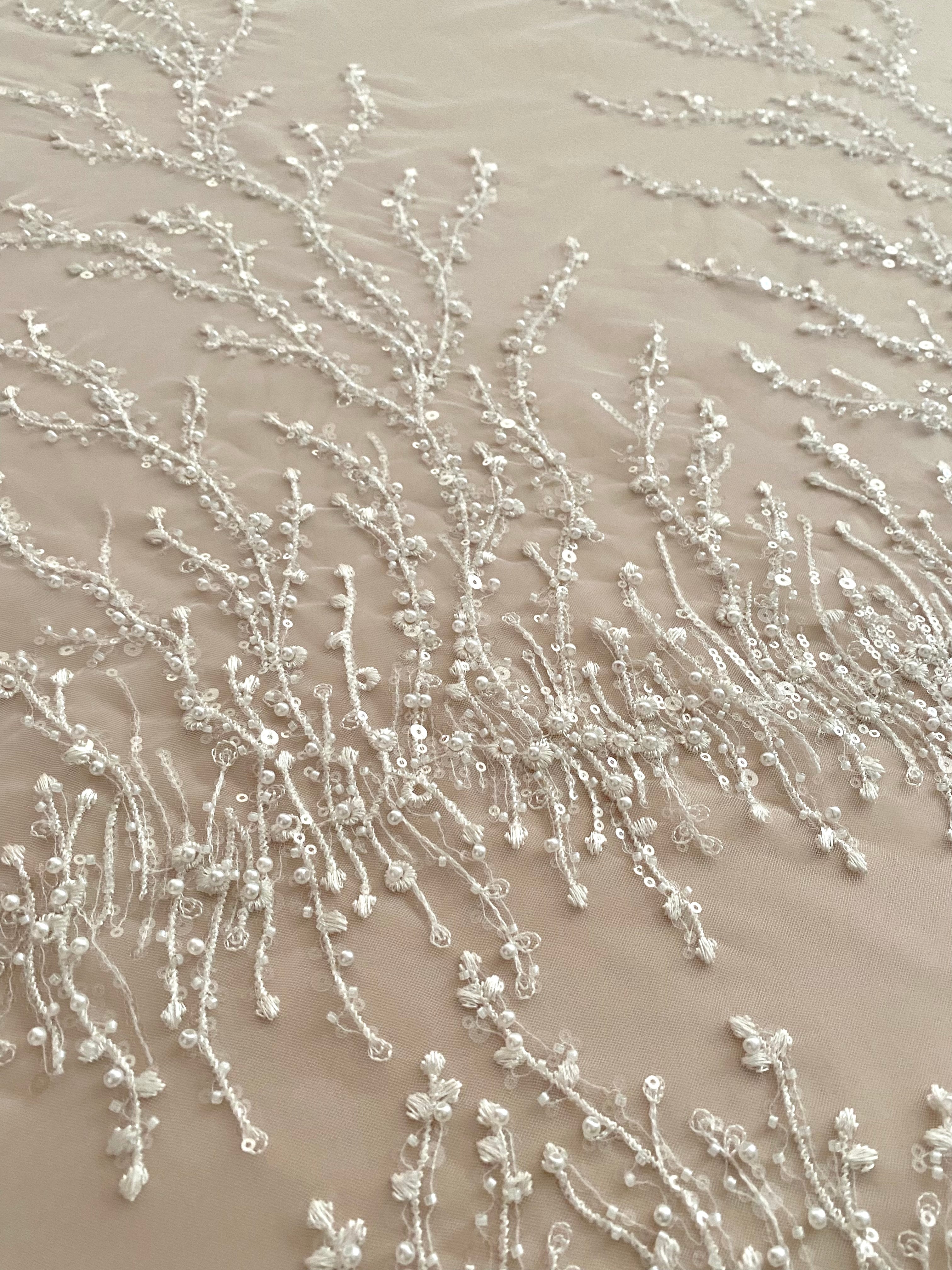 Silver Lace with Linear Pattern, with Pearls and Sequins