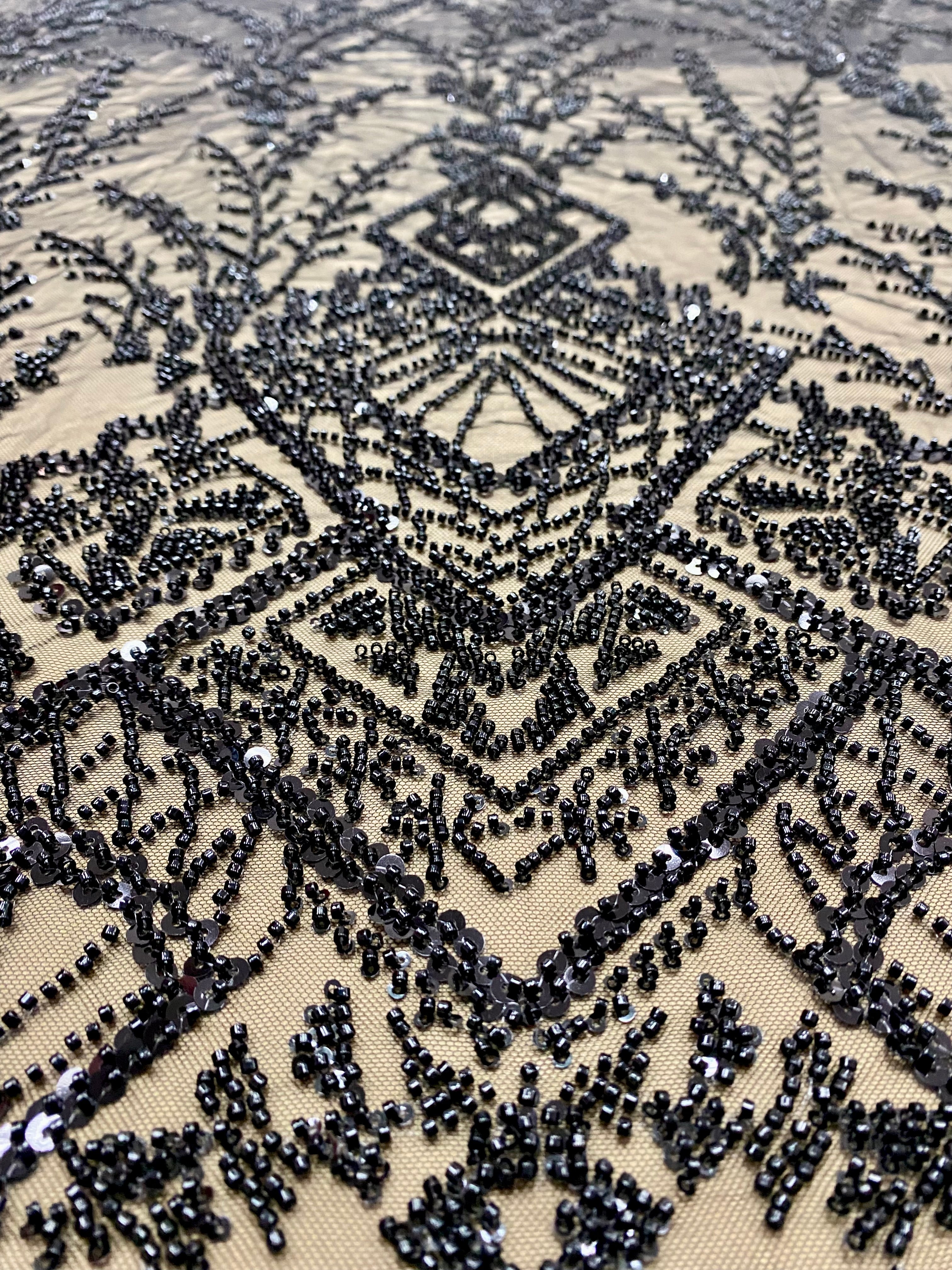 Black Couture Lace with Geometric Pattern, Beads and Sequins
