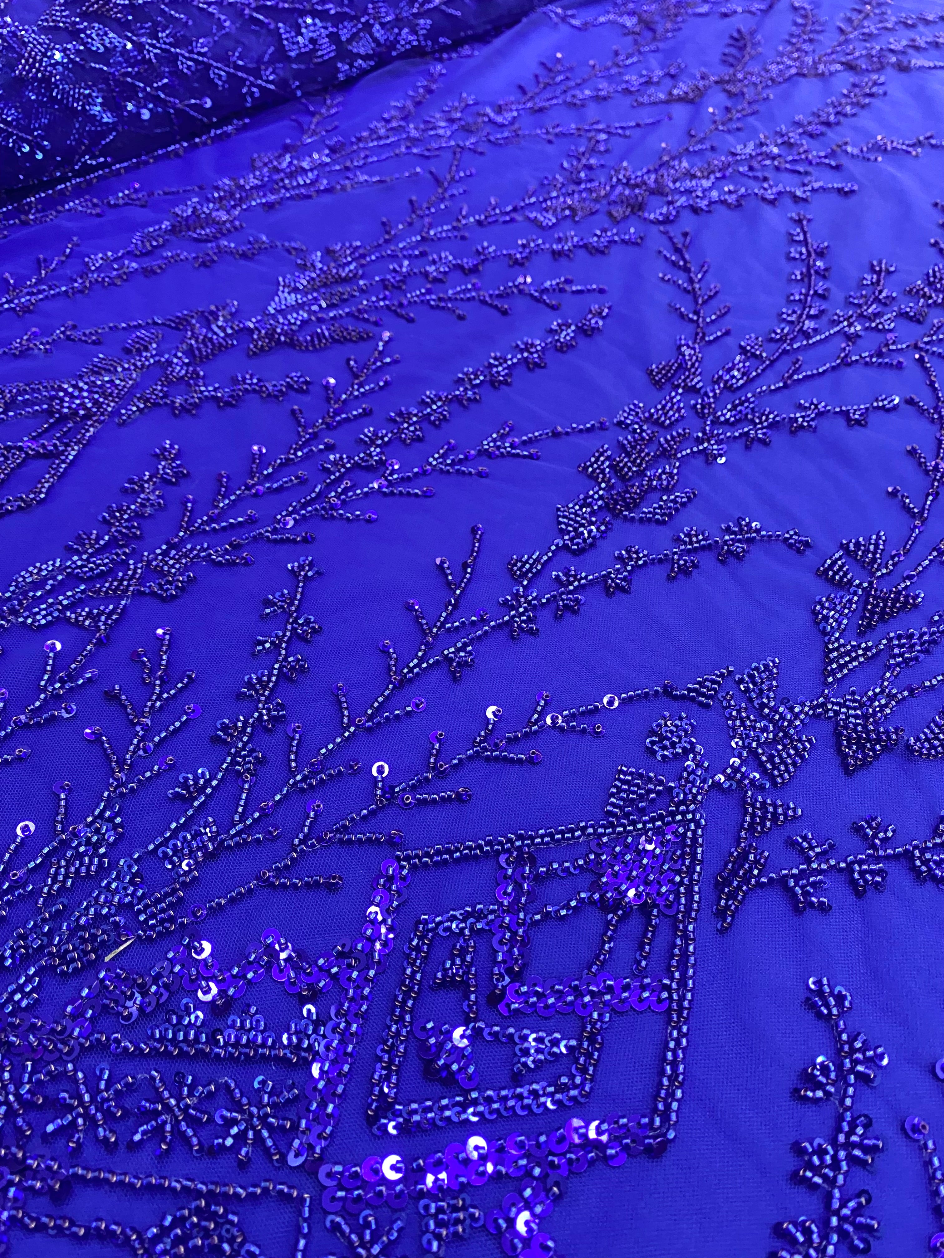 Royal Blue Couture Lace with Geometric Pattern, Beads and Sequins