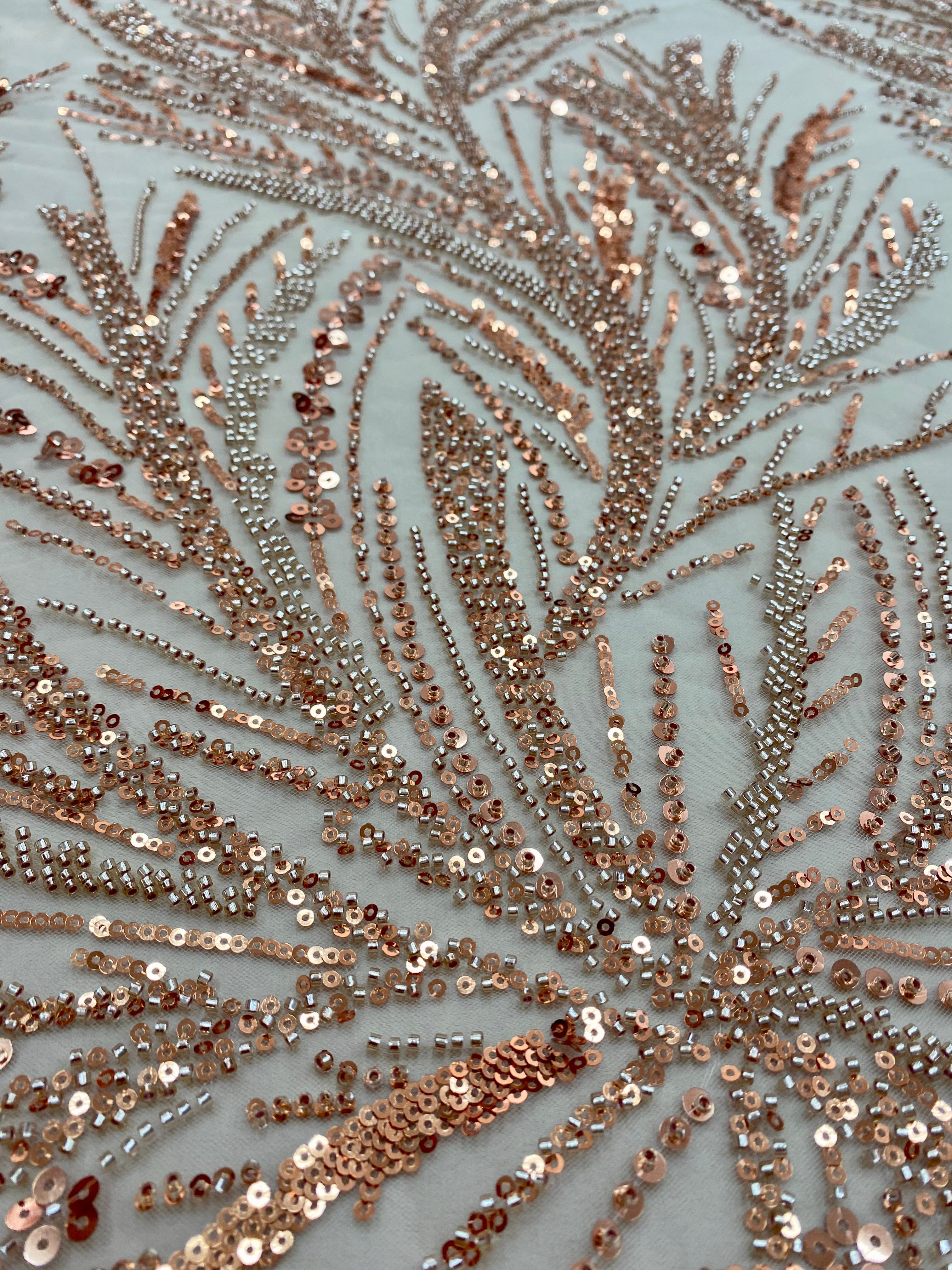 Rose Gold Couture Lace with Linear Pattern, Beads and Sequins